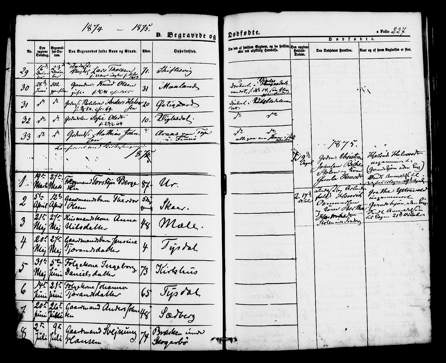 Hjelmeland sokneprestkontor, AV/SAST-A-101843/01/IV/L0012: Parish register (official) no. A 12, 1862-1886, p. 227