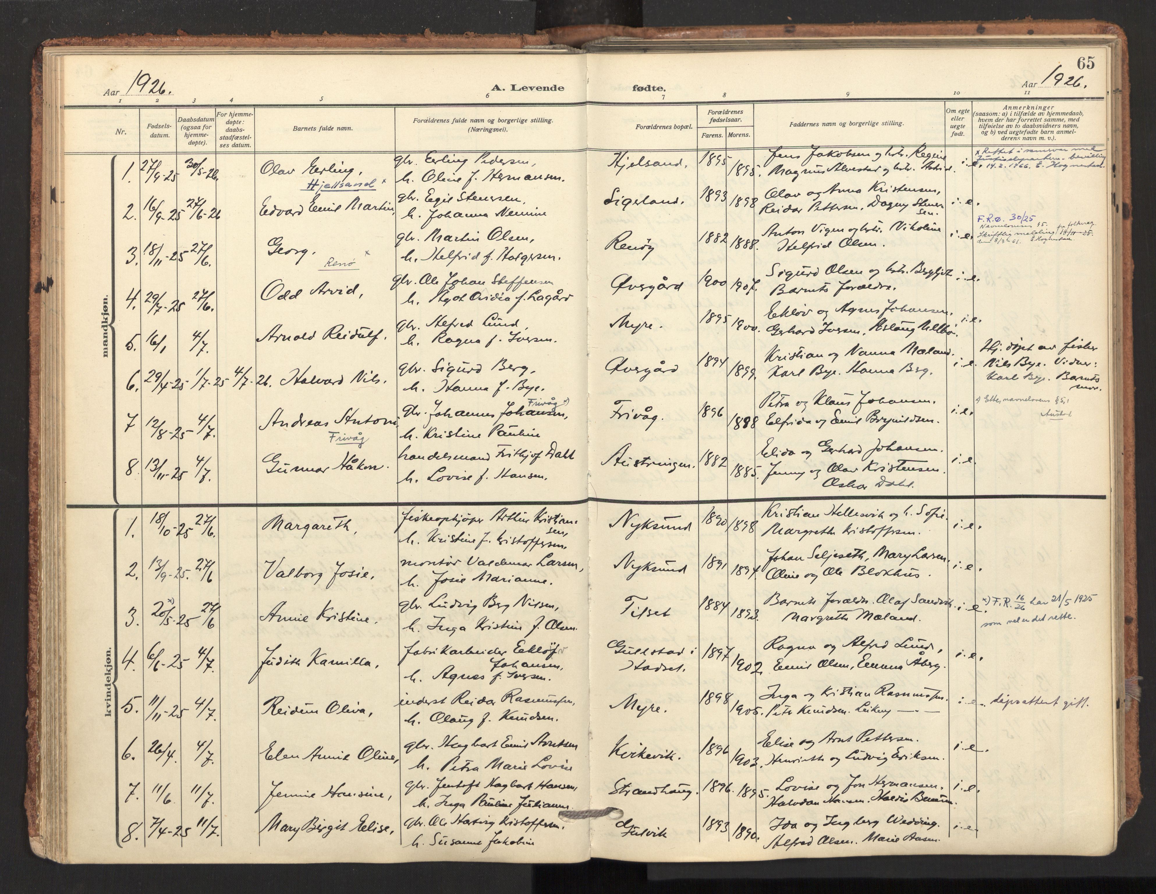 Ministerialprotokoller, klokkerbøker og fødselsregistre - Nordland, SAT/A-1459/893/L1343: Parish register (official) no. 893A15, 1914-1928, p. 65