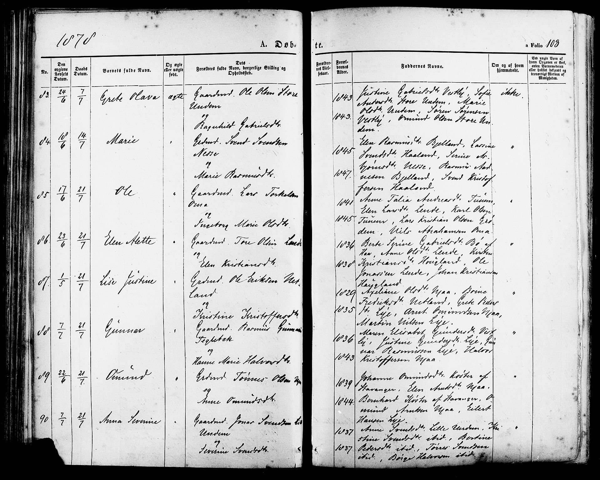 Lye sokneprestkontor, AV/SAST-A-101794/001/30BA/L0008: Parish register (official) no. A 7, 1872-1881, p. 103