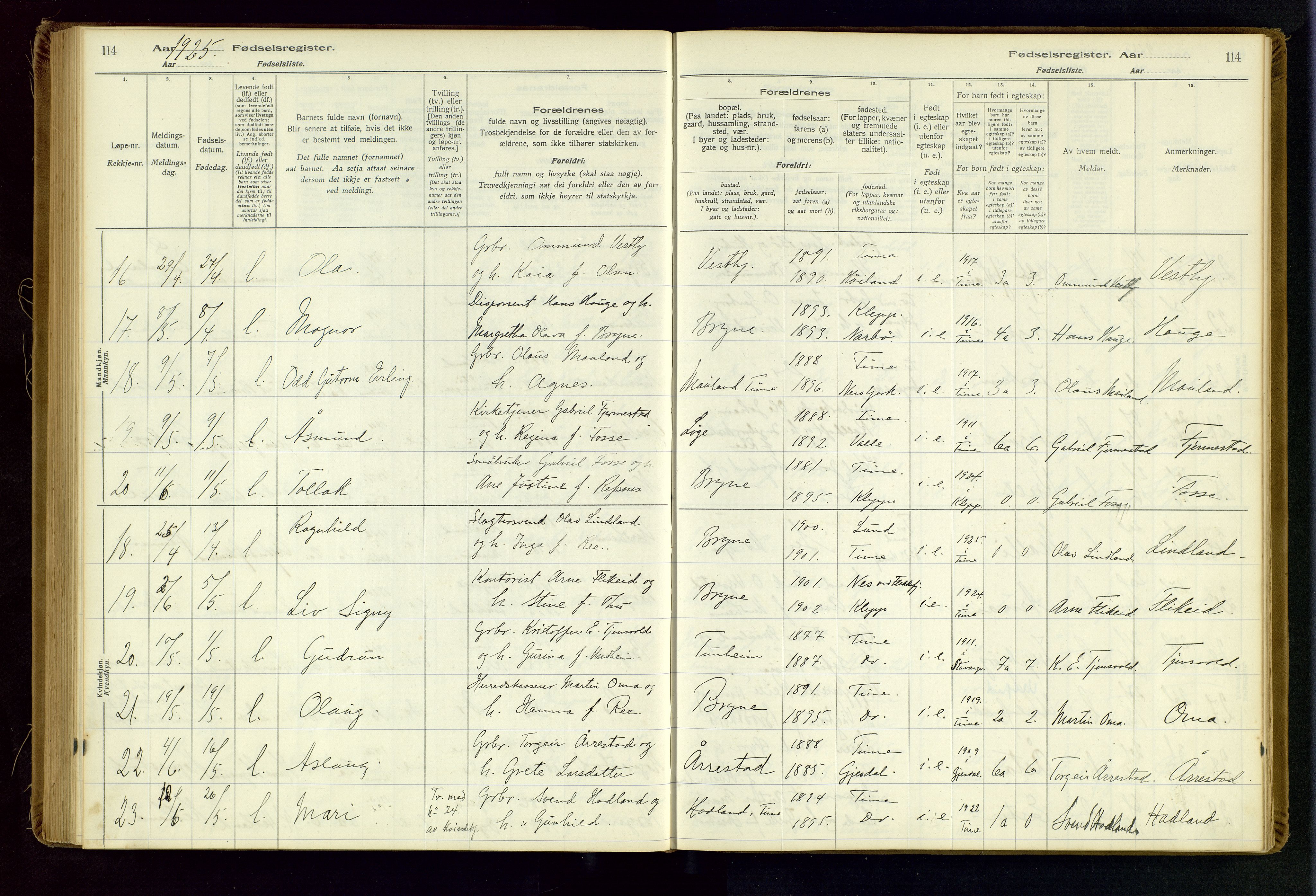 Time sokneprestkontor, AV/SAST-A-101795/001/704BA/L0001: Birth register no. 1, 1916-1934, p. 114