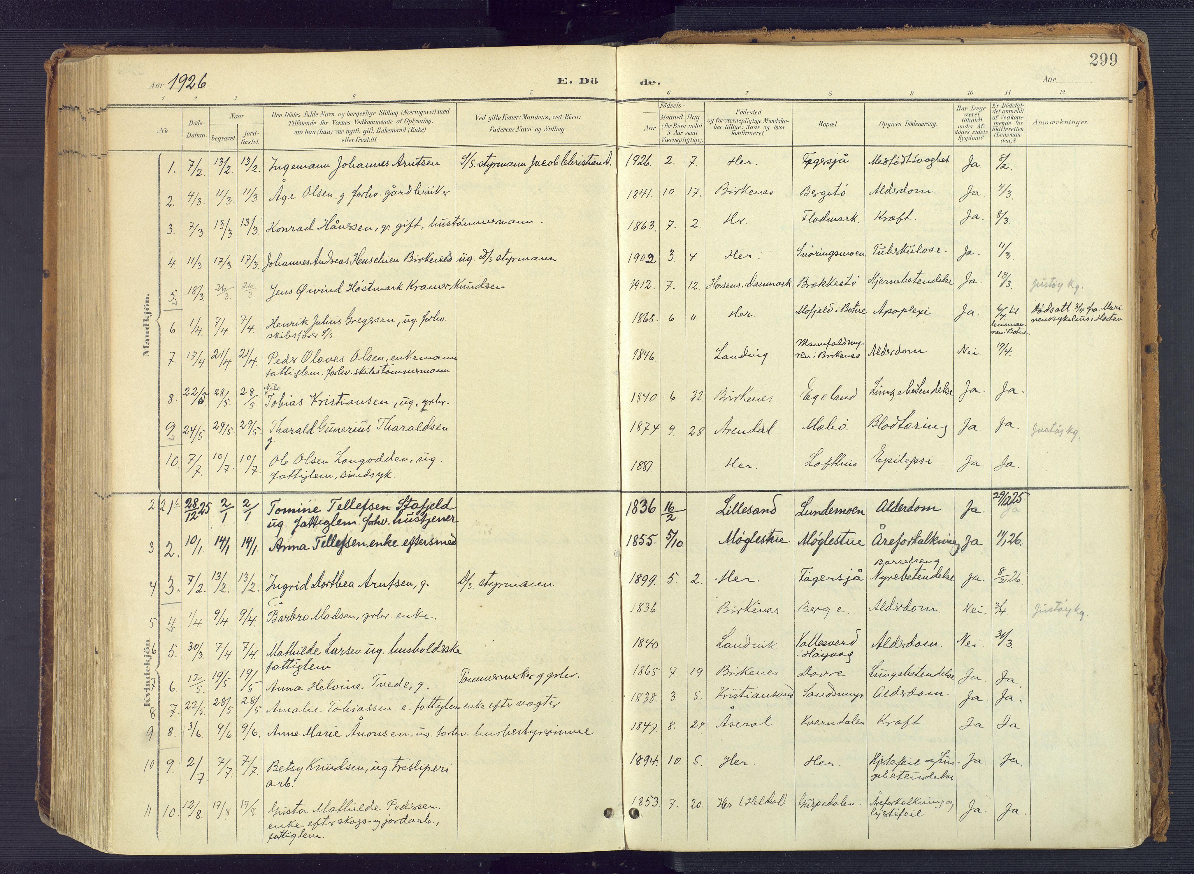 Vestre Moland sokneprestkontor, SAK/1111-0046/F/Fa/Fab/L0010: Parish register (official) no. A 10, 1900-1926, p. 299
