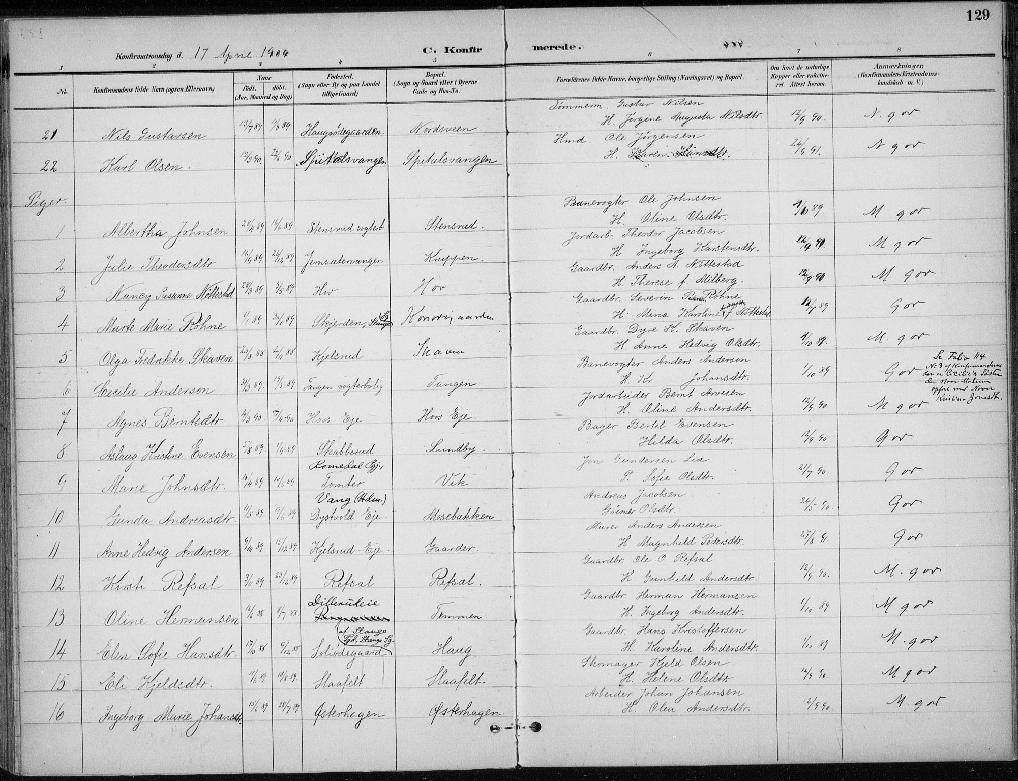 Stange prestekontor, AV/SAH-PREST-002/K/L0023: Parish register (official) no. 23, 1897-1920, p. 129