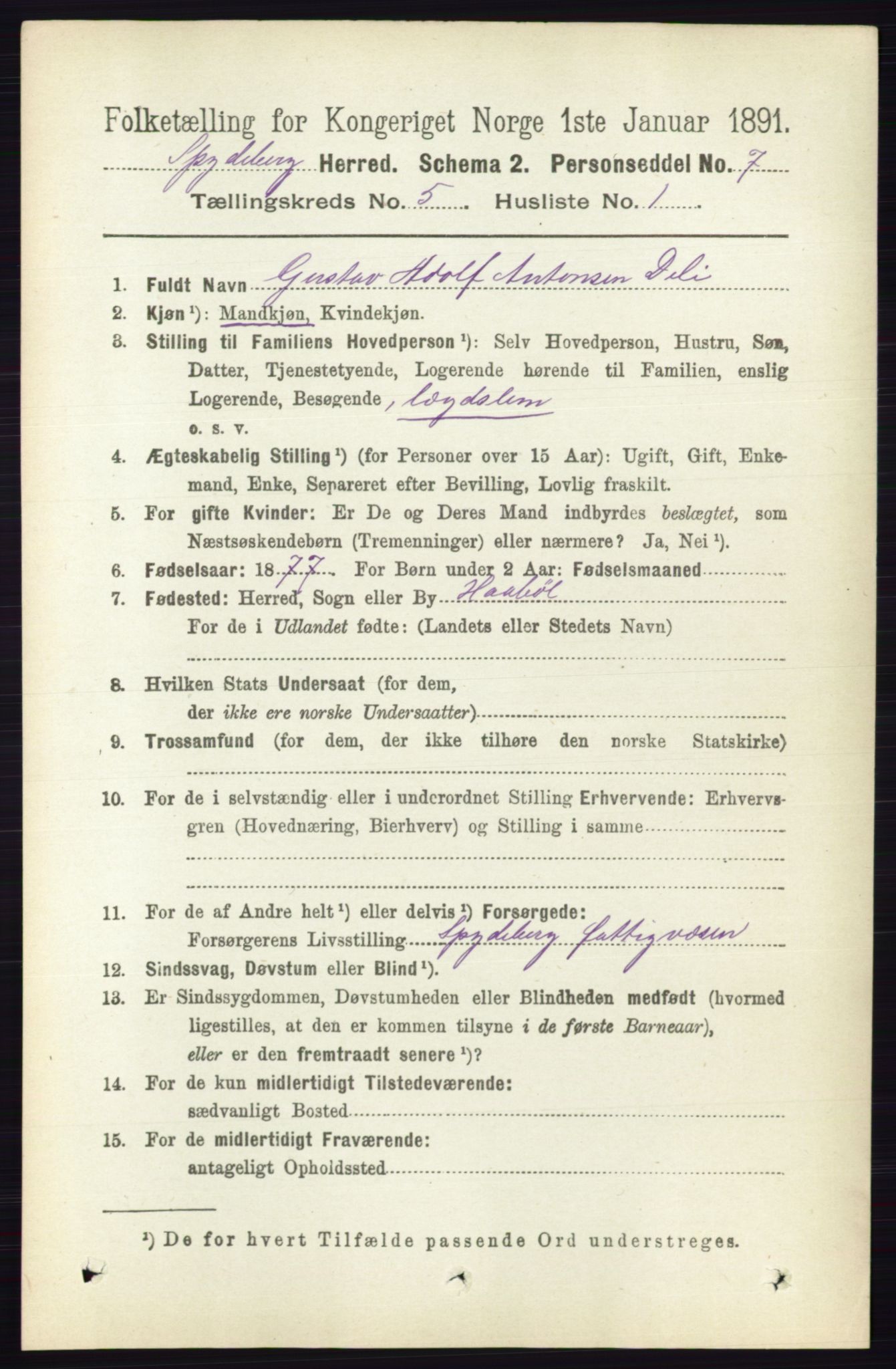 RA, 1891 census for 0123 Spydeberg, 1891, p. 2357