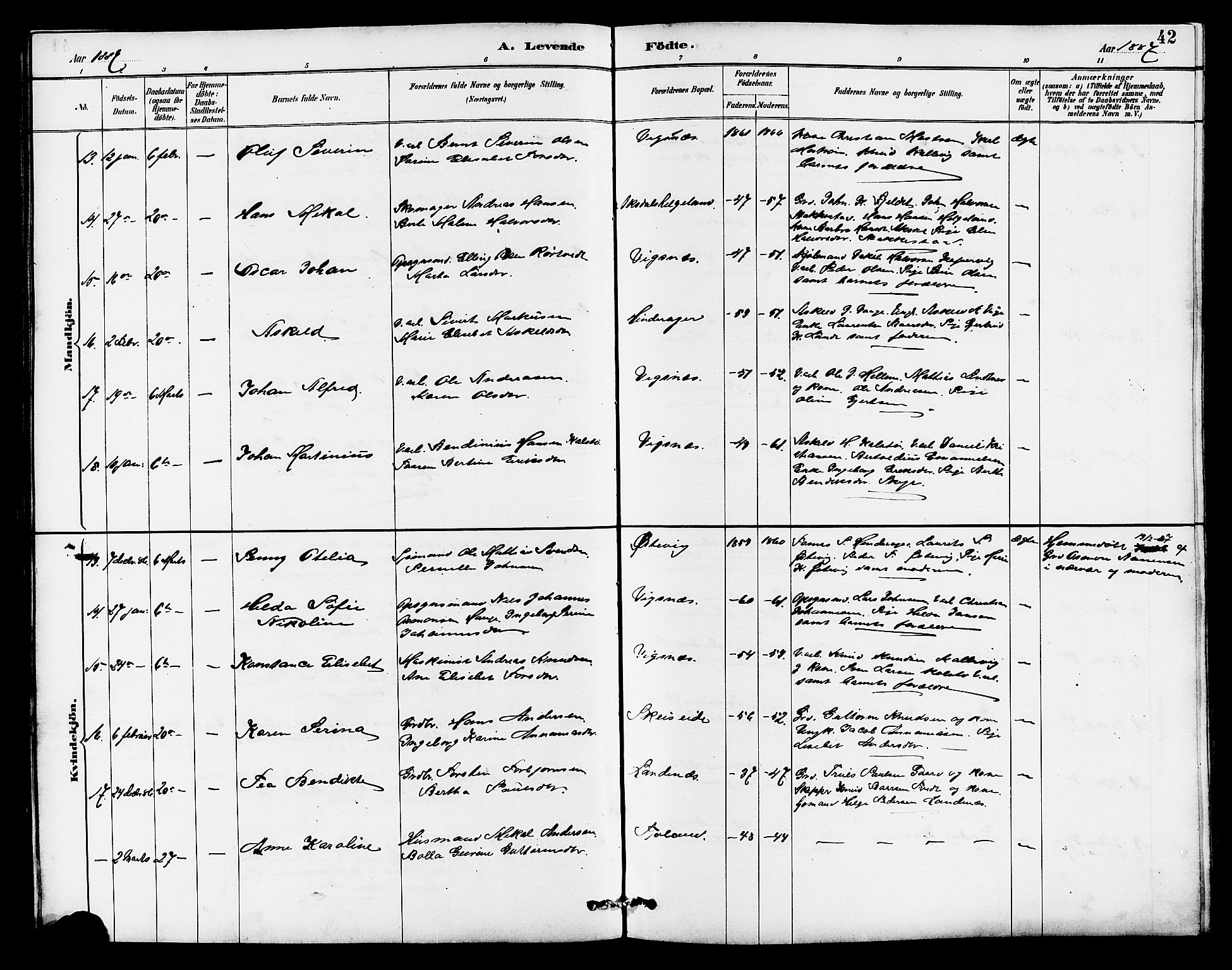 Avaldsnes sokneprestkontor, AV/SAST-A -101851/H/Ha/Hab/L0007: Parish register (copy) no. B 7, 1885-1909, p. 42