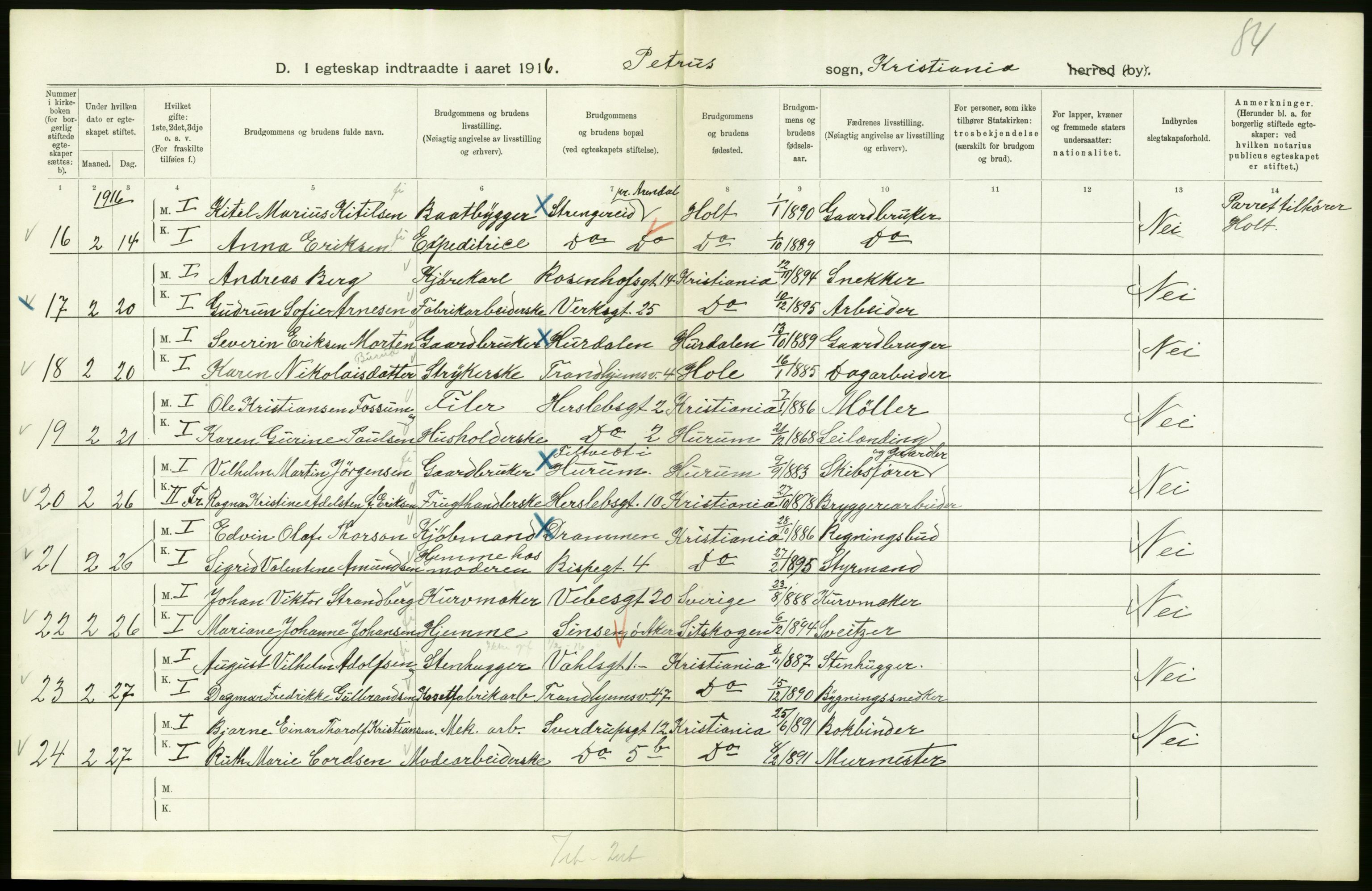 Statistisk sentralbyrå, Sosiodemografiske emner, Befolkning, AV/RA-S-2228/D/Df/Dfb/Dfbf/L0008: Kristiania: Gifte, 1916, p. 6