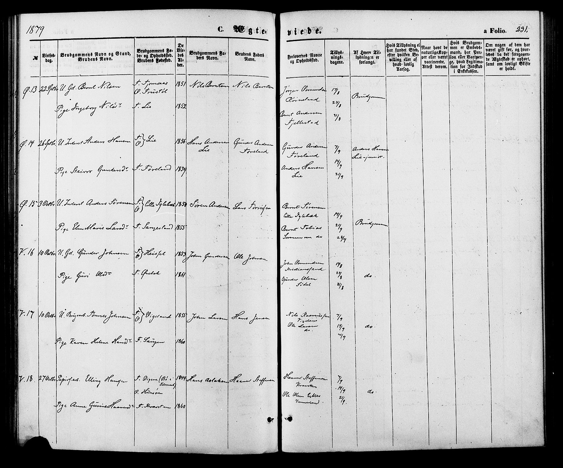 Vennesla sokneprestkontor, AV/SAK-1111-0045/Fa/Fac/L0008: Parish register (official) no. A 8, 1874-1883, p. 231