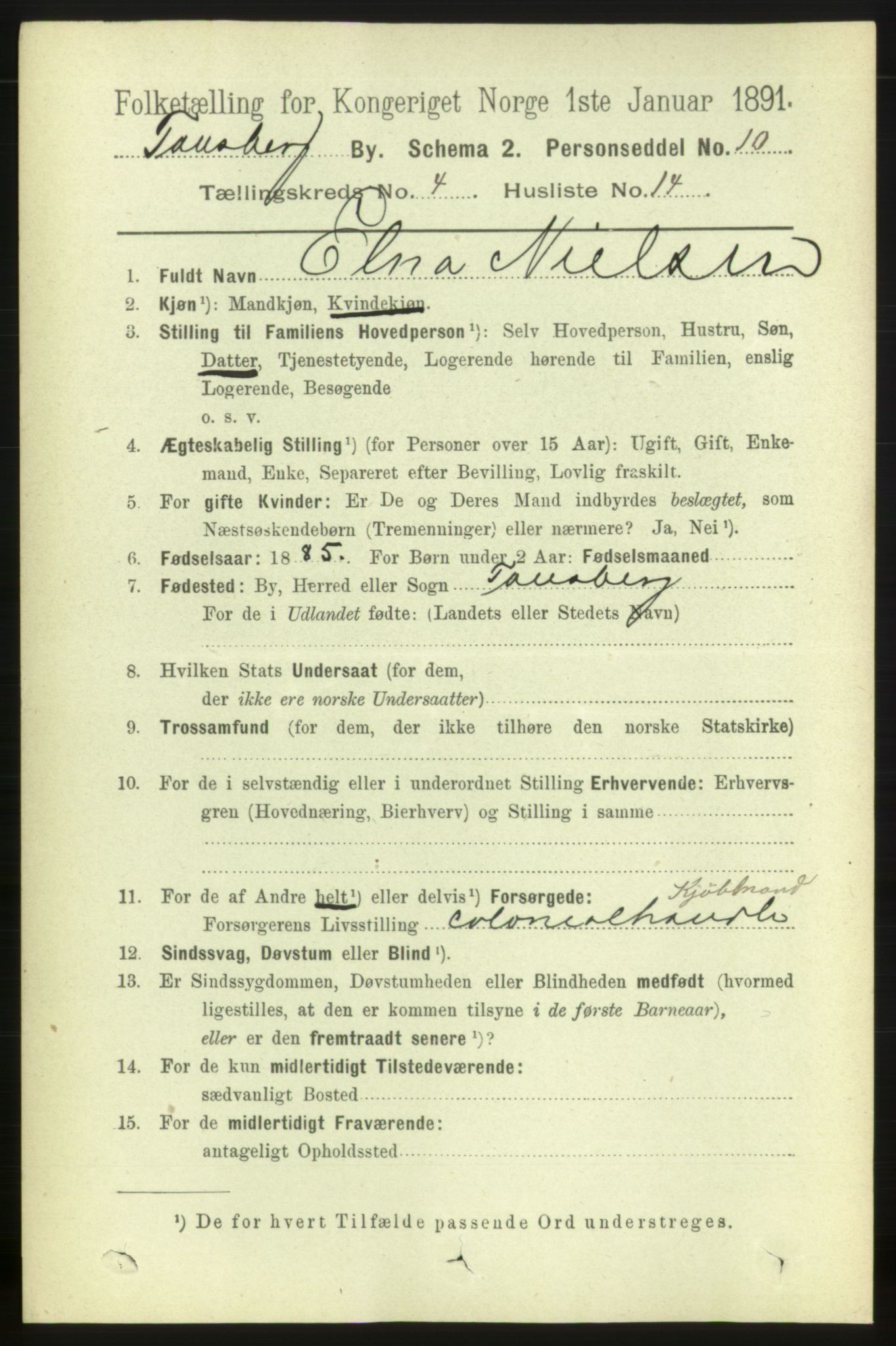 RA, 1891 census for 0705 Tønsberg, 1891, p. 2189