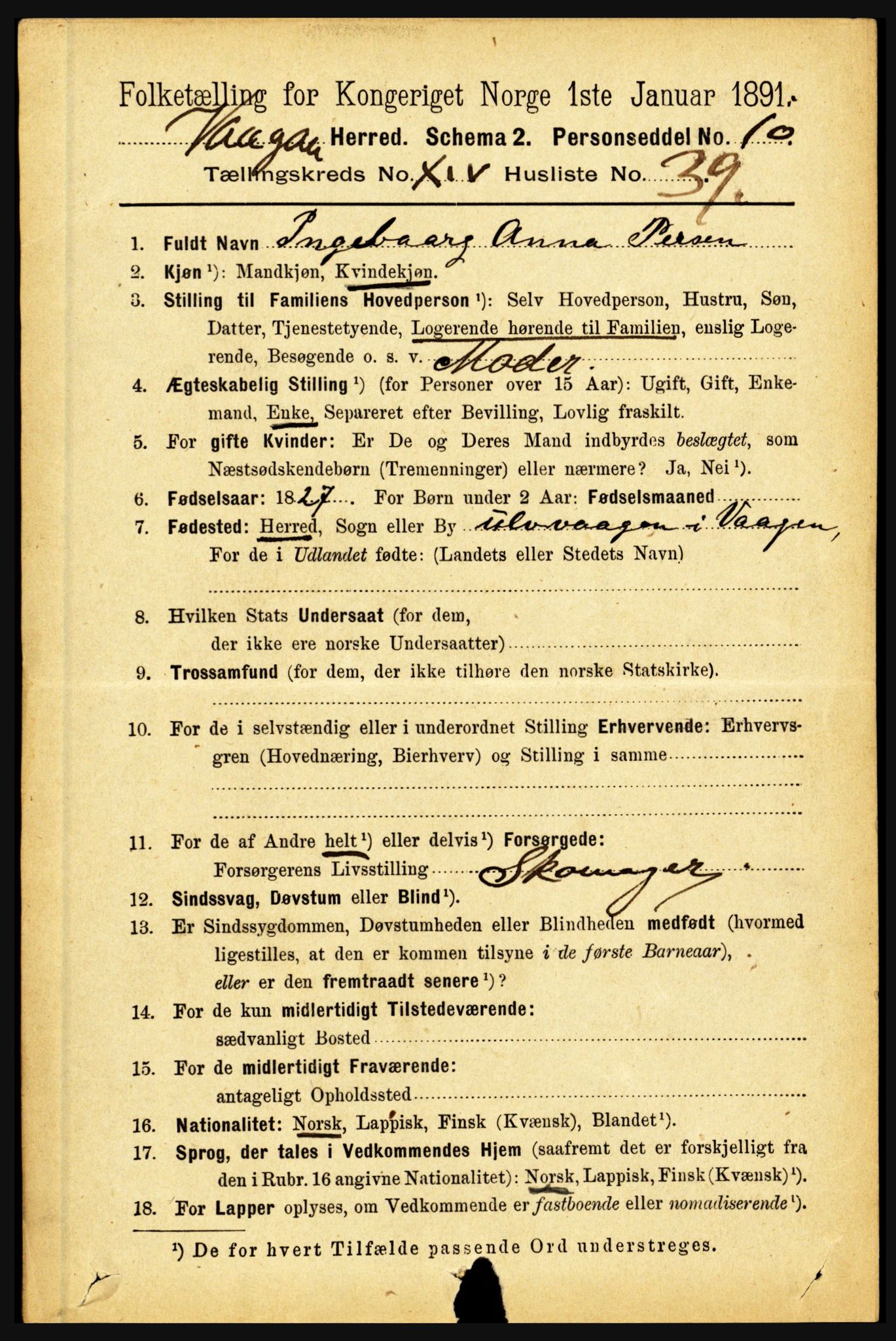 RA, 1891 census for 1865 Vågan, 1891, p. 4022