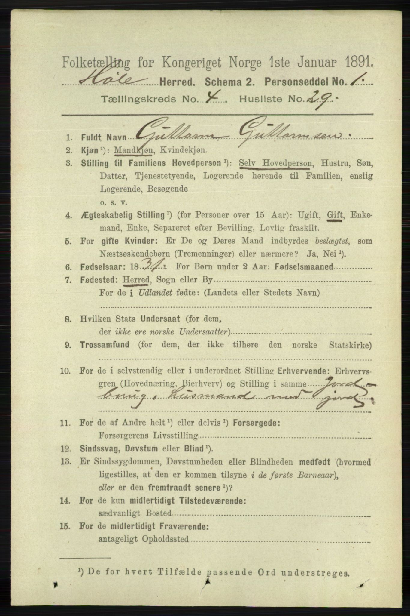 RA, 1891 census for 1128 Høle, 1891, p. 1011