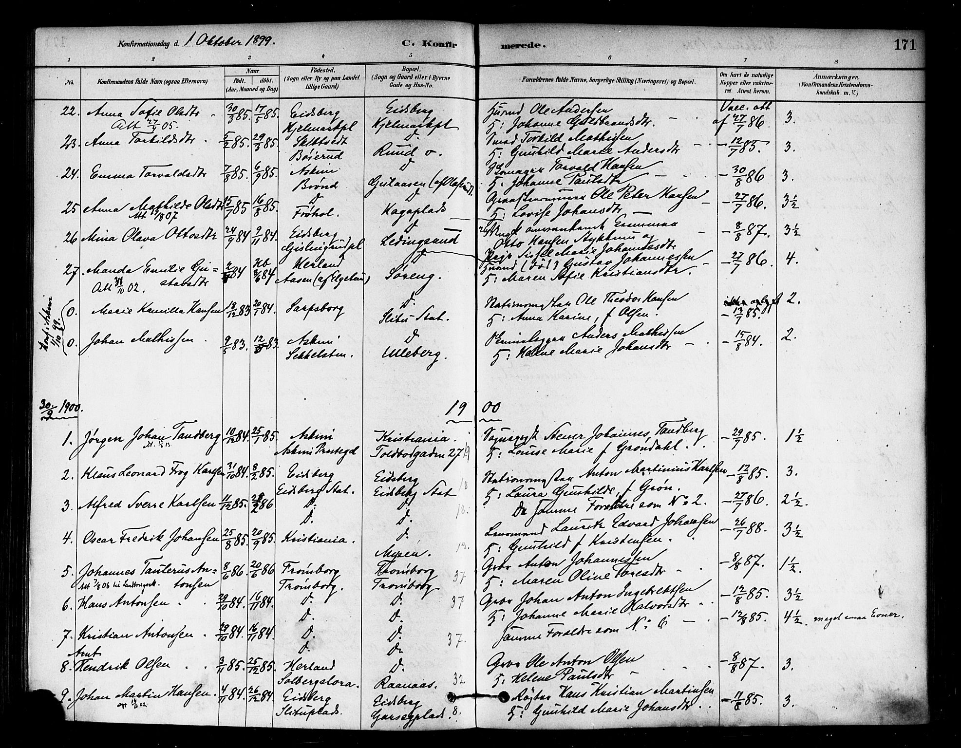 Eidsberg prestekontor Kirkebøker, SAO/A-10905/F/Fa/L0012: Parish register (official) no. I 12, 1879-1901, p. 171