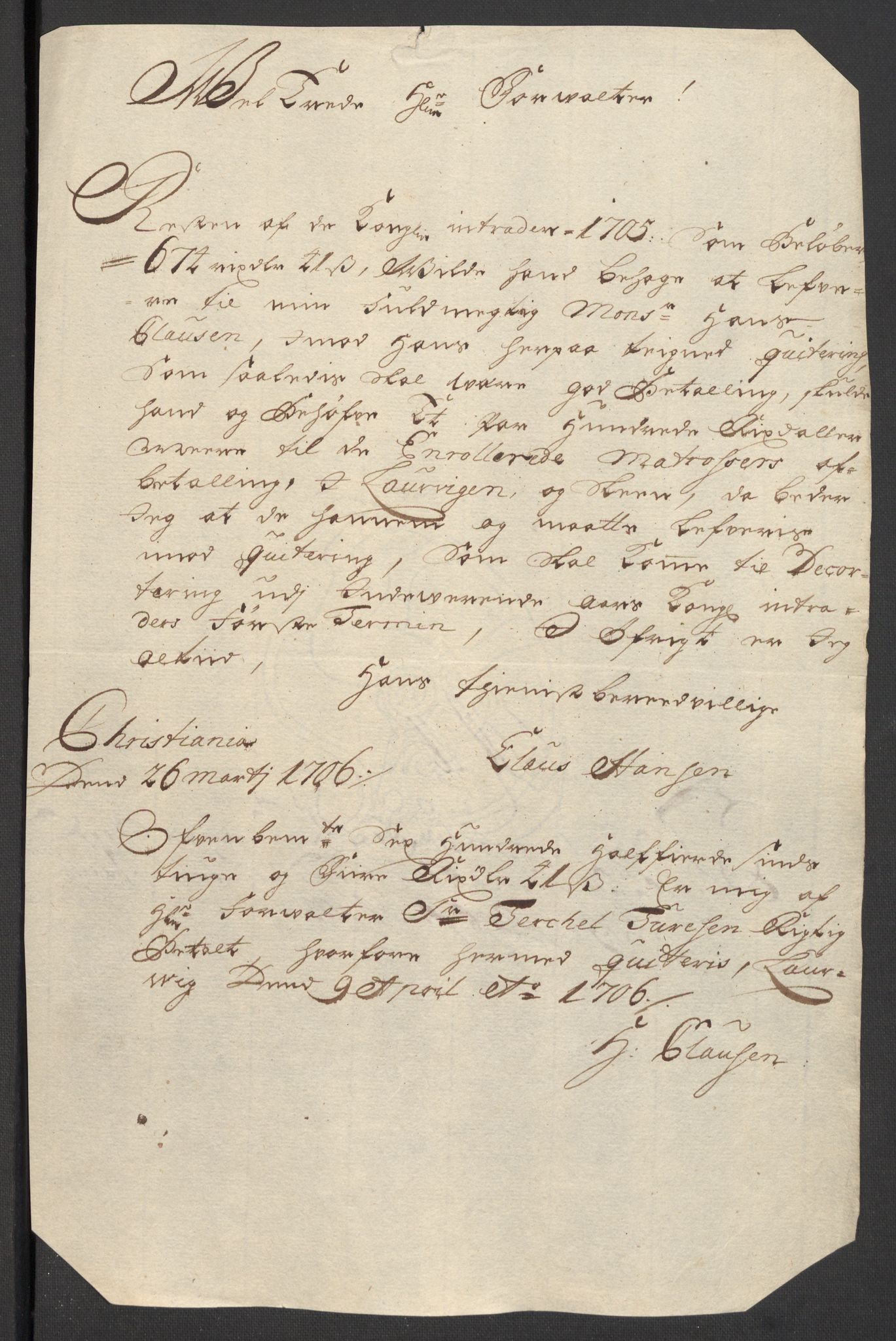 Rentekammeret inntil 1814, Reviderte regnskaper, Fogderegnskap, RA/EA-4092/R33/L1978: Fogderegnskap Larvik grevskap, 1704-1705, p. 423