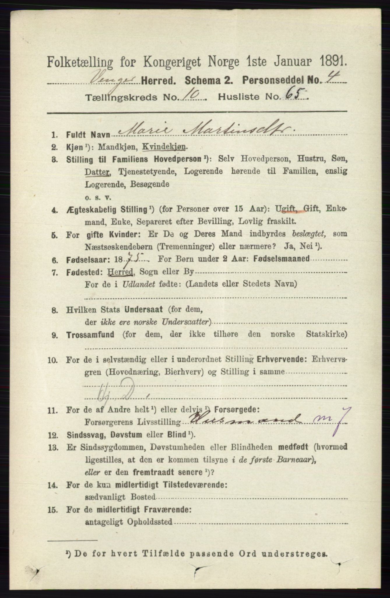 RA, 1891 census for 0421 Vinger, 1891, p. 5276