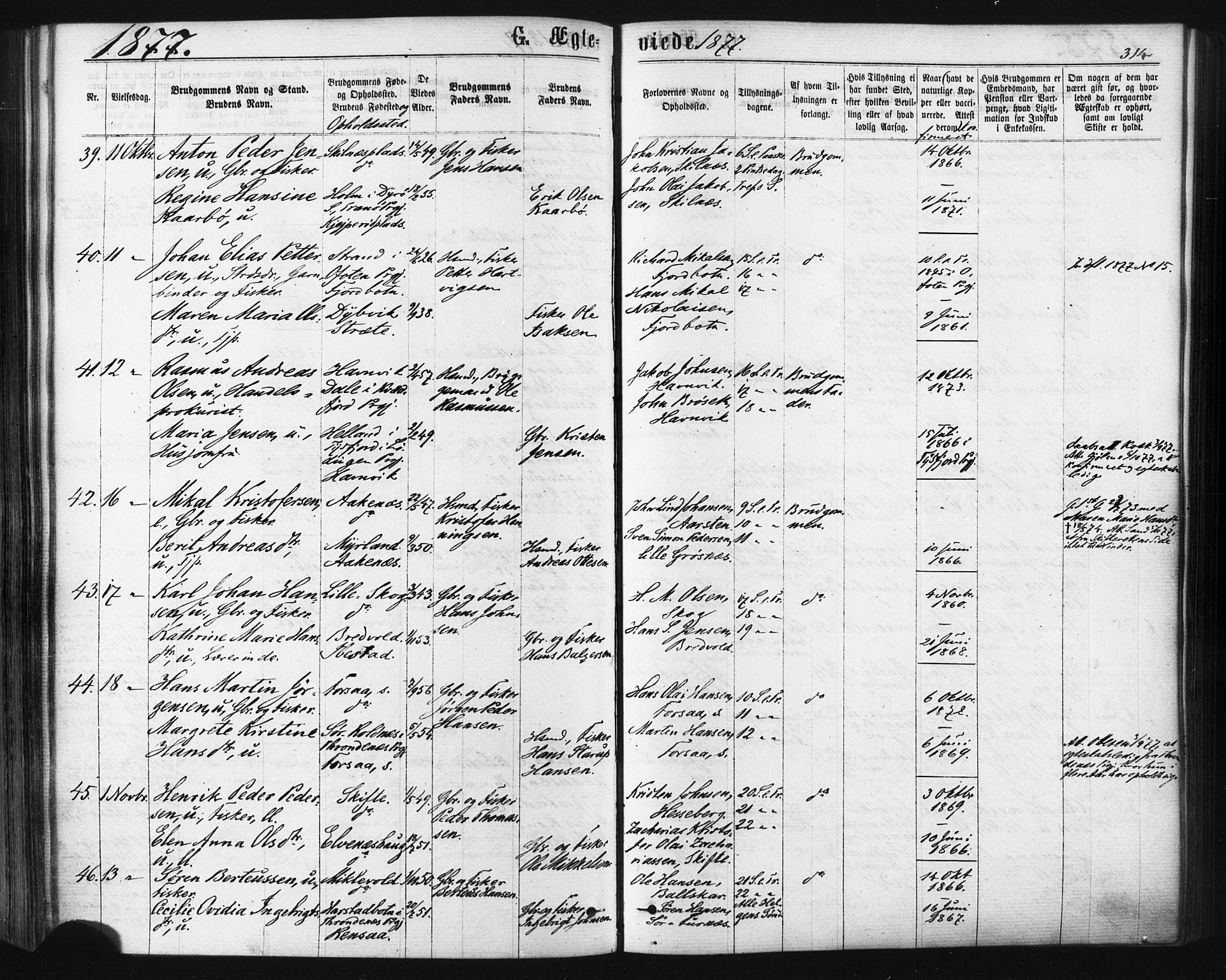 Ibestad sokneprestembete, SATØ/S-0077/H/Ha/Haa/L0010kirke: Parish register (official) no. 10, 1869-1879, p. 314