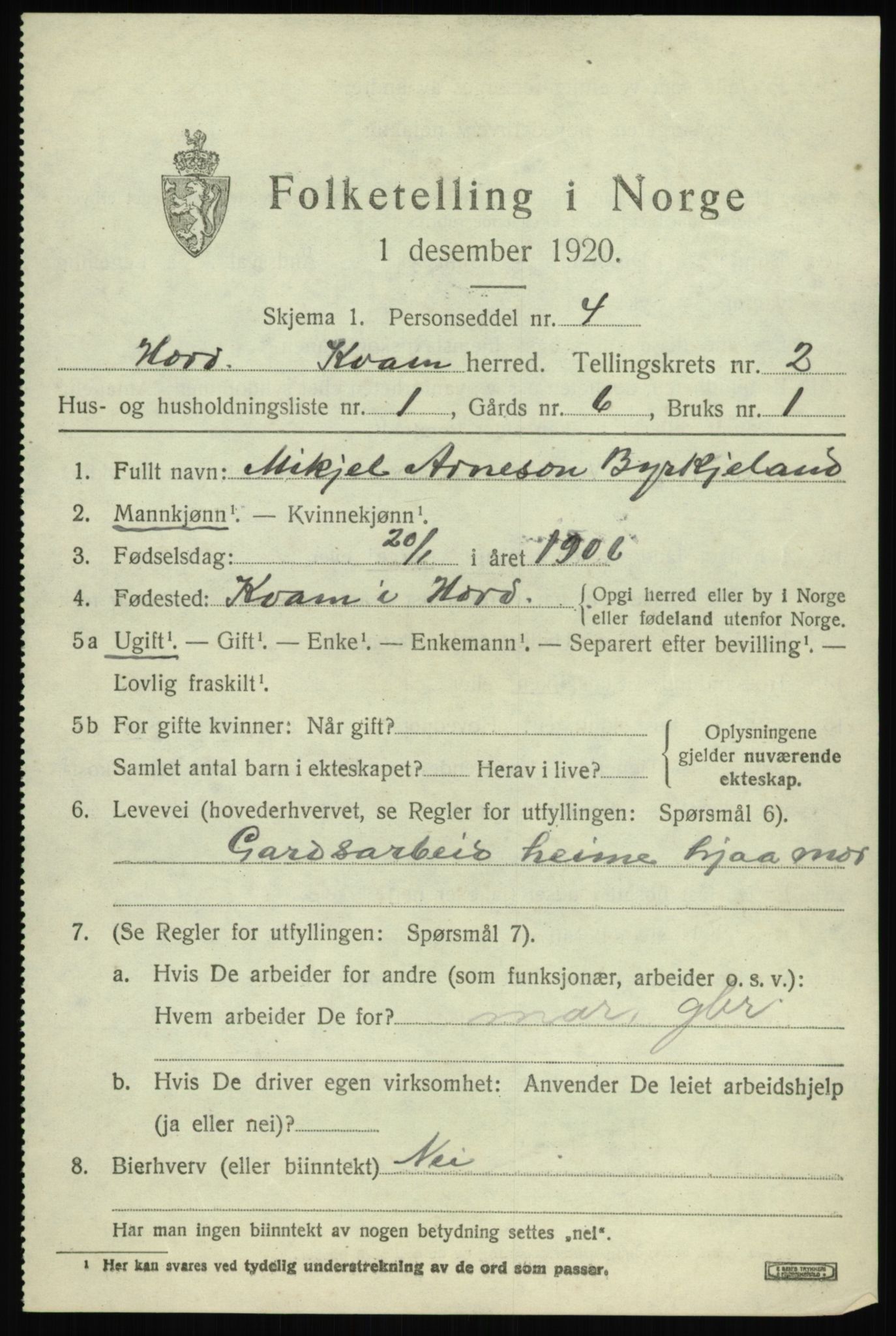 SAB, 1920 census for Kvam, 1920, p. 1793