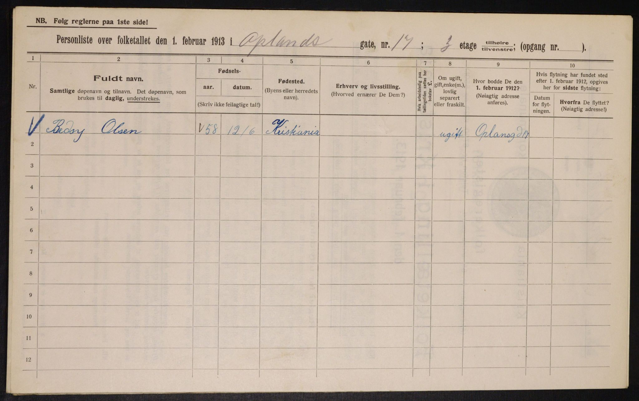 OBA, Municipal Census 1913 for Kristiania, 1913, p. 76018