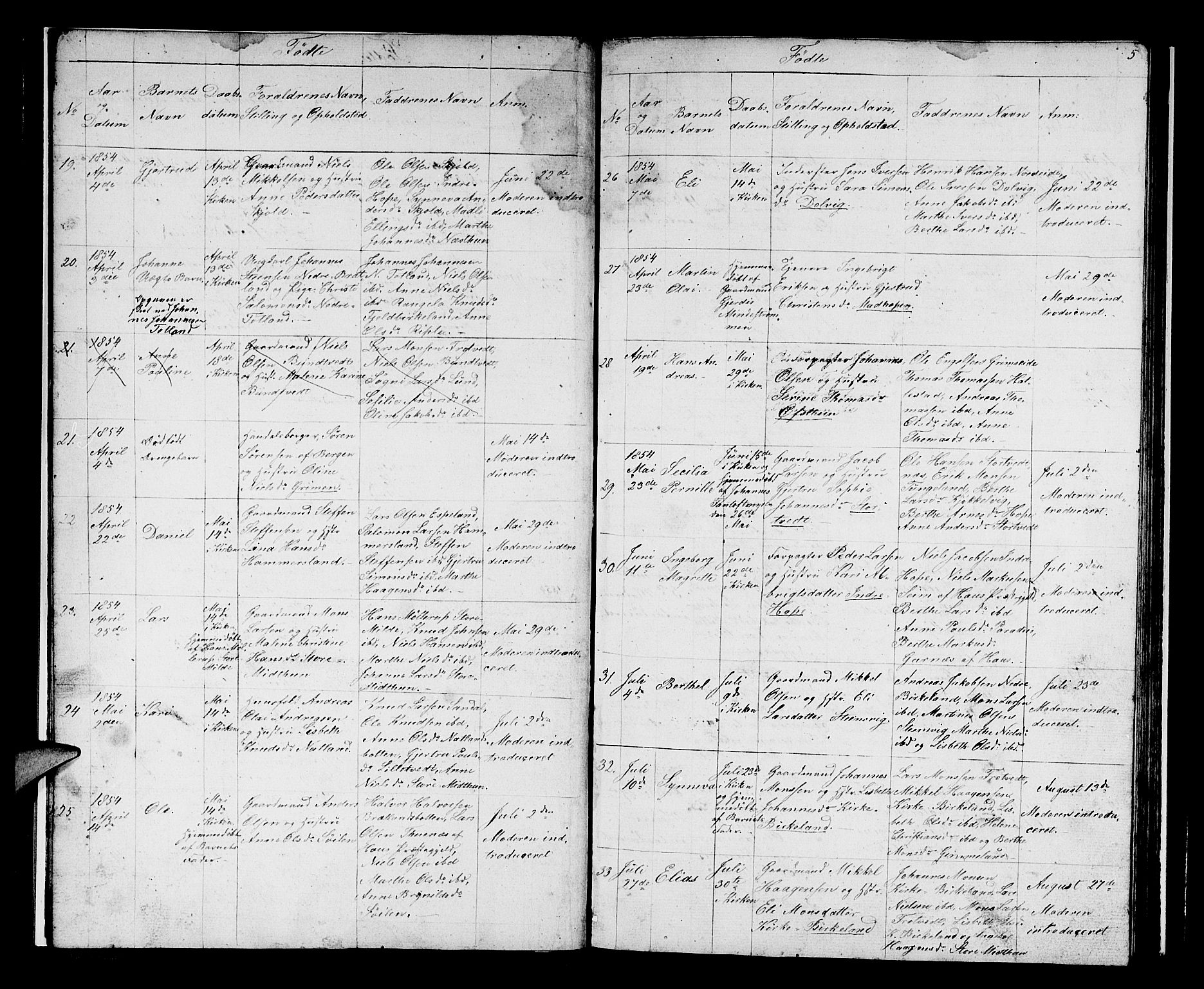 Birkeland Sokneprestembete, AV/SAB-A-74601/H/Hab: Parish register (copy) no. A 1, 1853-1862, p. 5