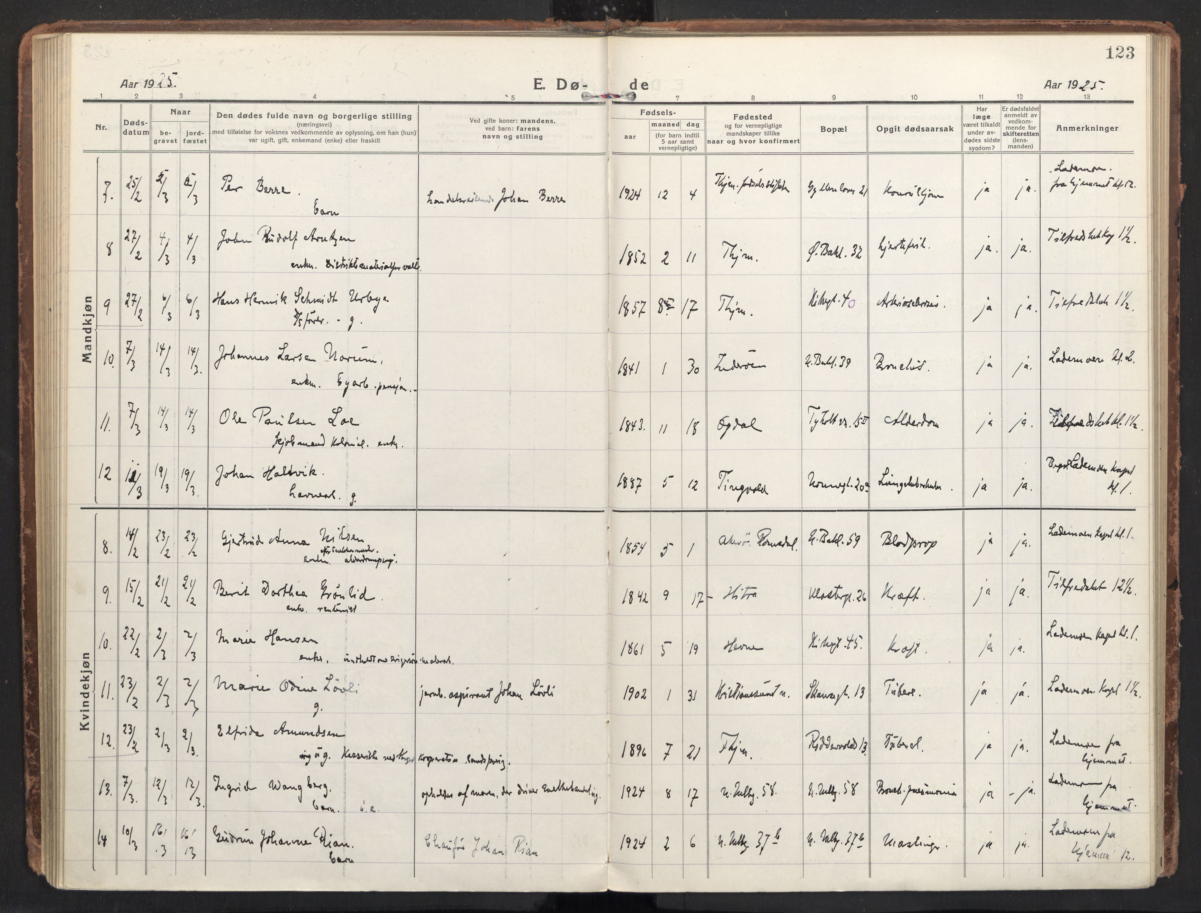 Ministerialprotokoller, klokkerbøker og fødselsregistre - Sør-Trøndelag, AV/SAT-A-1456/604/L0207: Parish register (official) no. 604A27, 1917-1933, p. 123