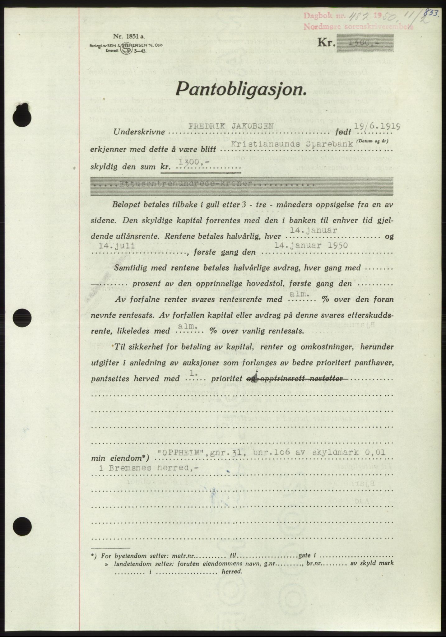 Nordmøre sorenskriveri, AV/SAT-A-4132/1/2/2Ca: Mortgage book no. B103, 1949-1950, Diary no: : 482/1950