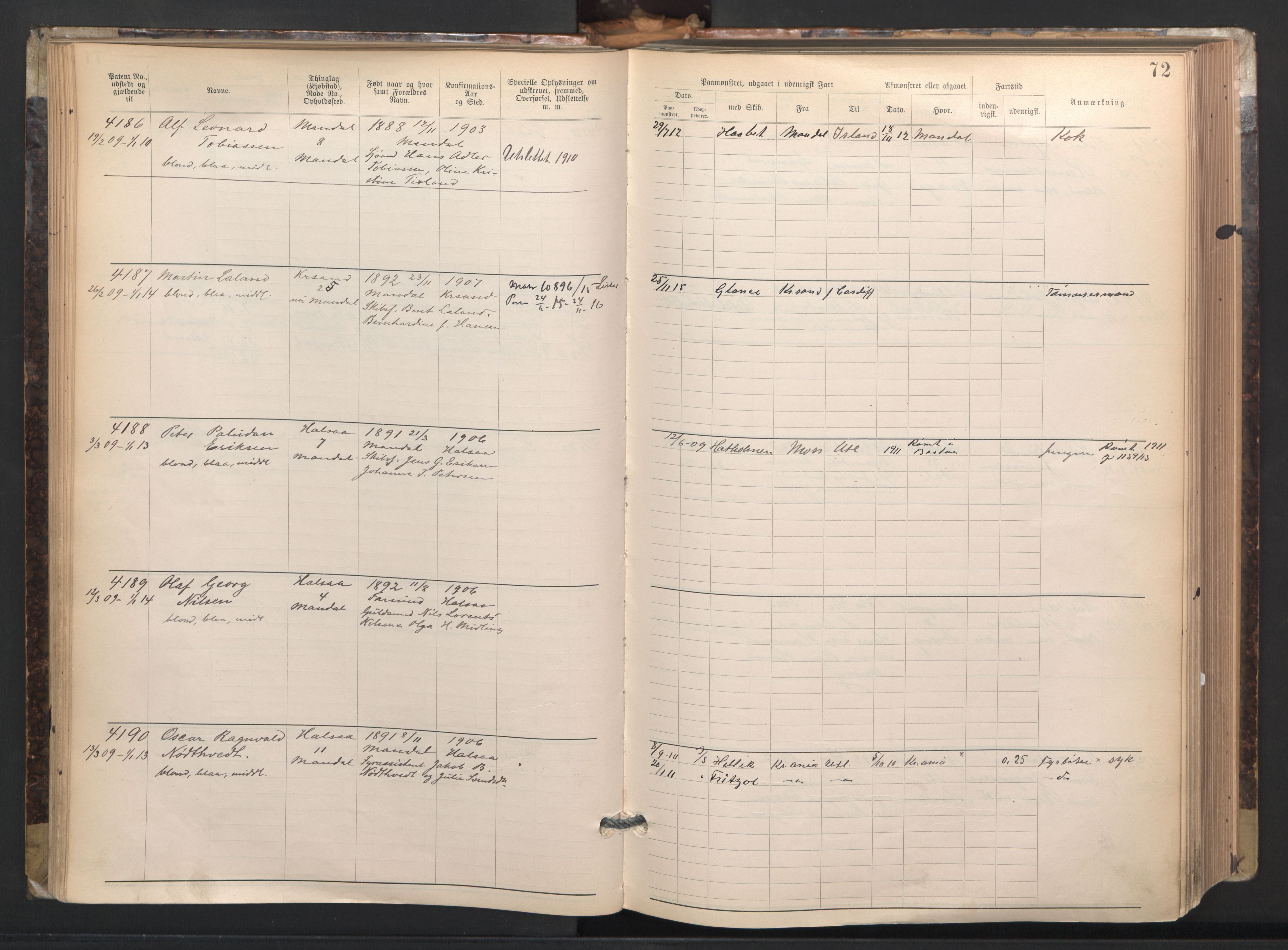 Mandal mønstringskrets, AV/SAK-2031-0016/F/Fa/L0003: Annotasjonsrulle nr 3831-4730 med register, L-5, 1900-1948, p. 96