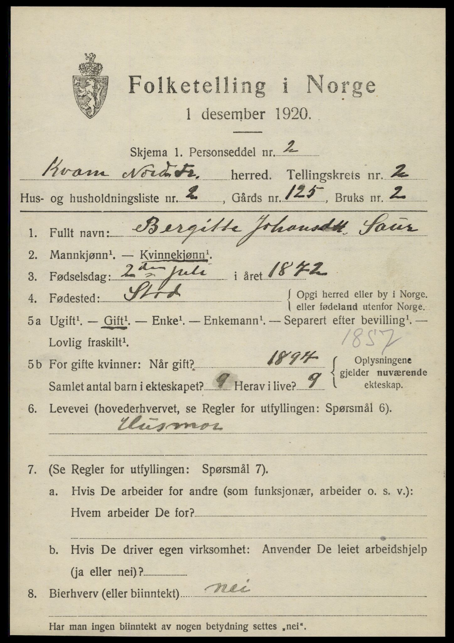 SAT, 1920 census for Kvam, 1920, p. 691