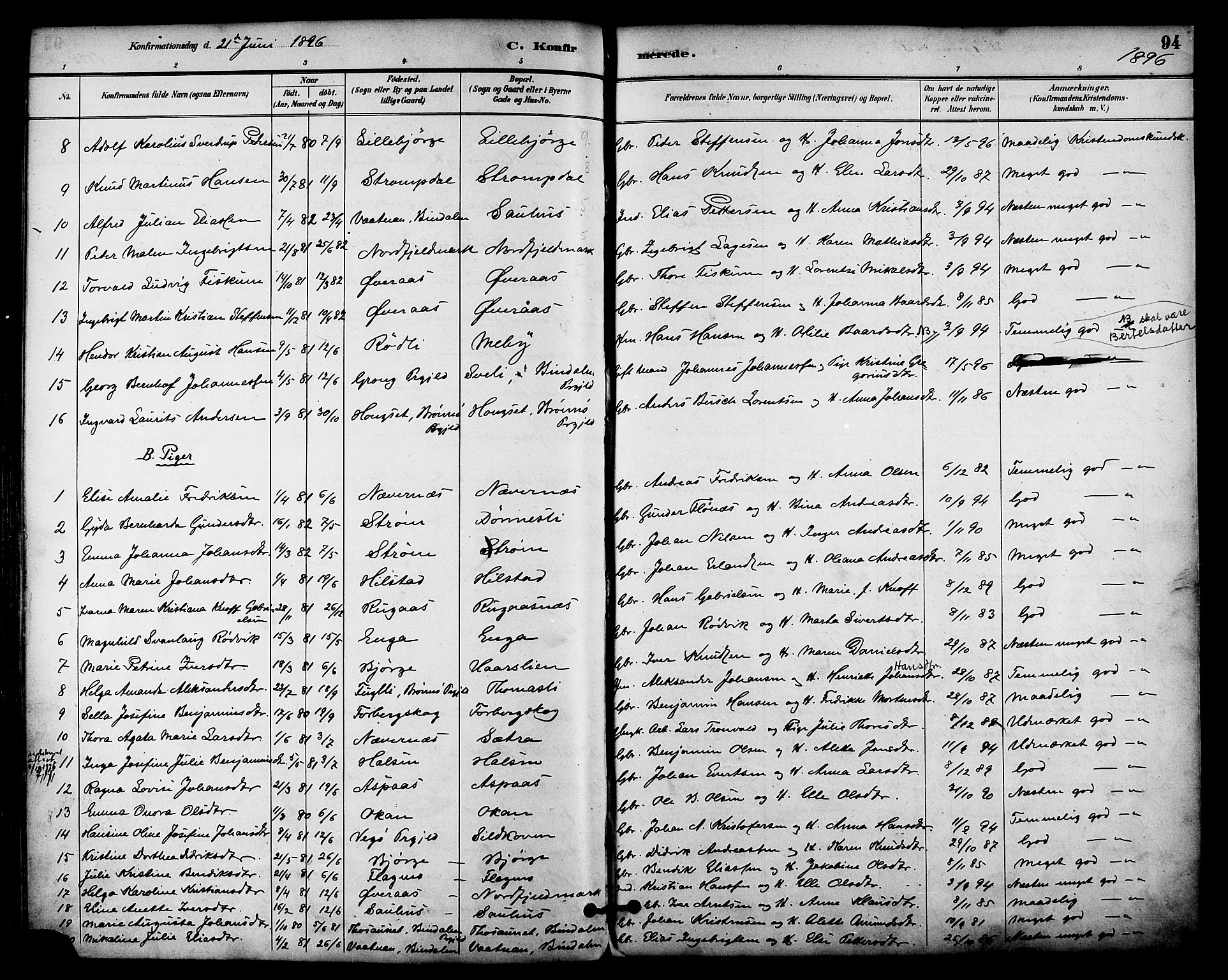 Ministerialprotokoller, klokkerbøker og fødselsregistre - Nordland, AV/SAT-A-1459/814/L0226: Parish register (official) no. 814A07, 1886-1898, p. 94