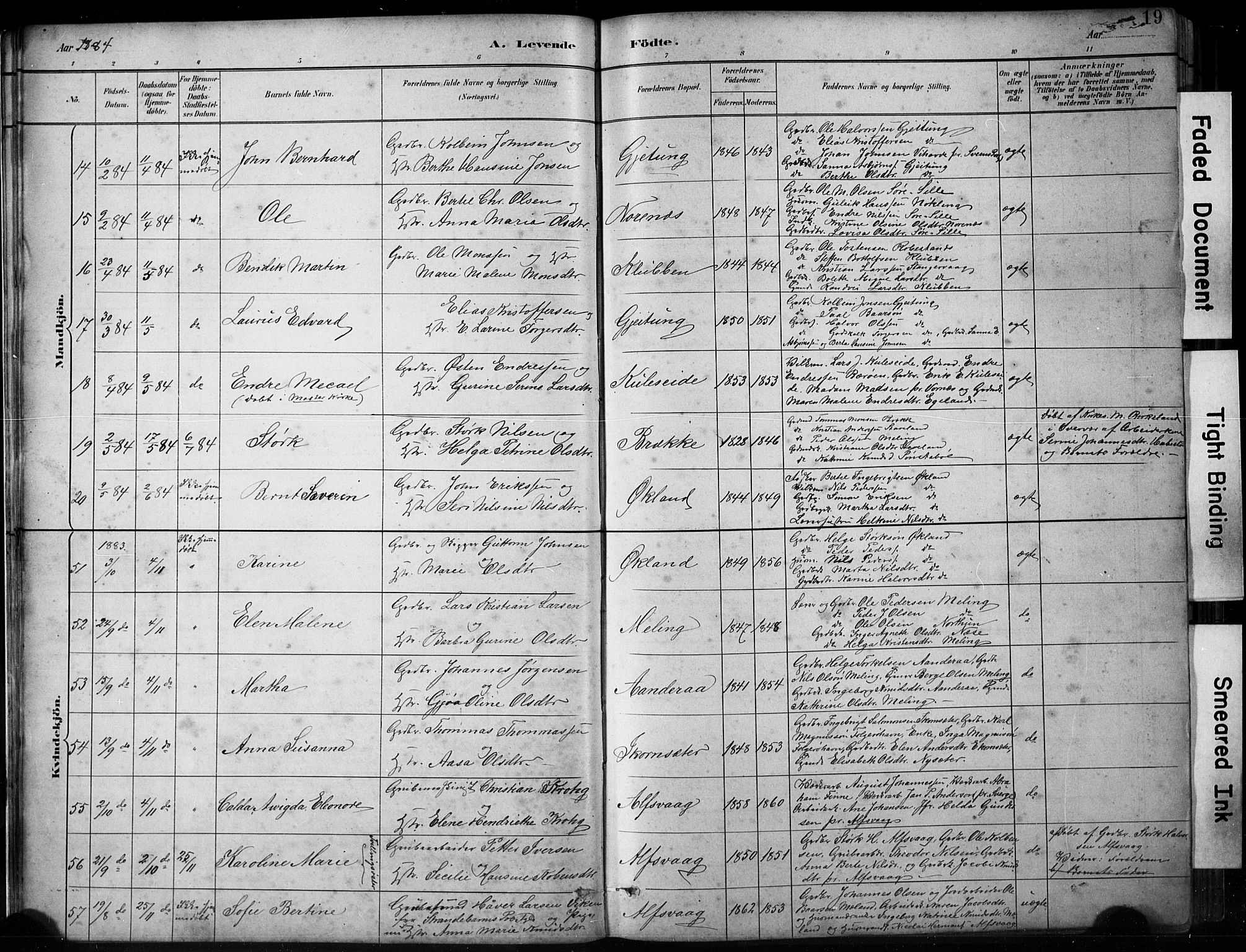Finnås sokneprestembete, SAB/A-99925/H/Ha/Hab/Habb/L0003: Parish register (copy) no. B 3, 1882-1897, p. 19