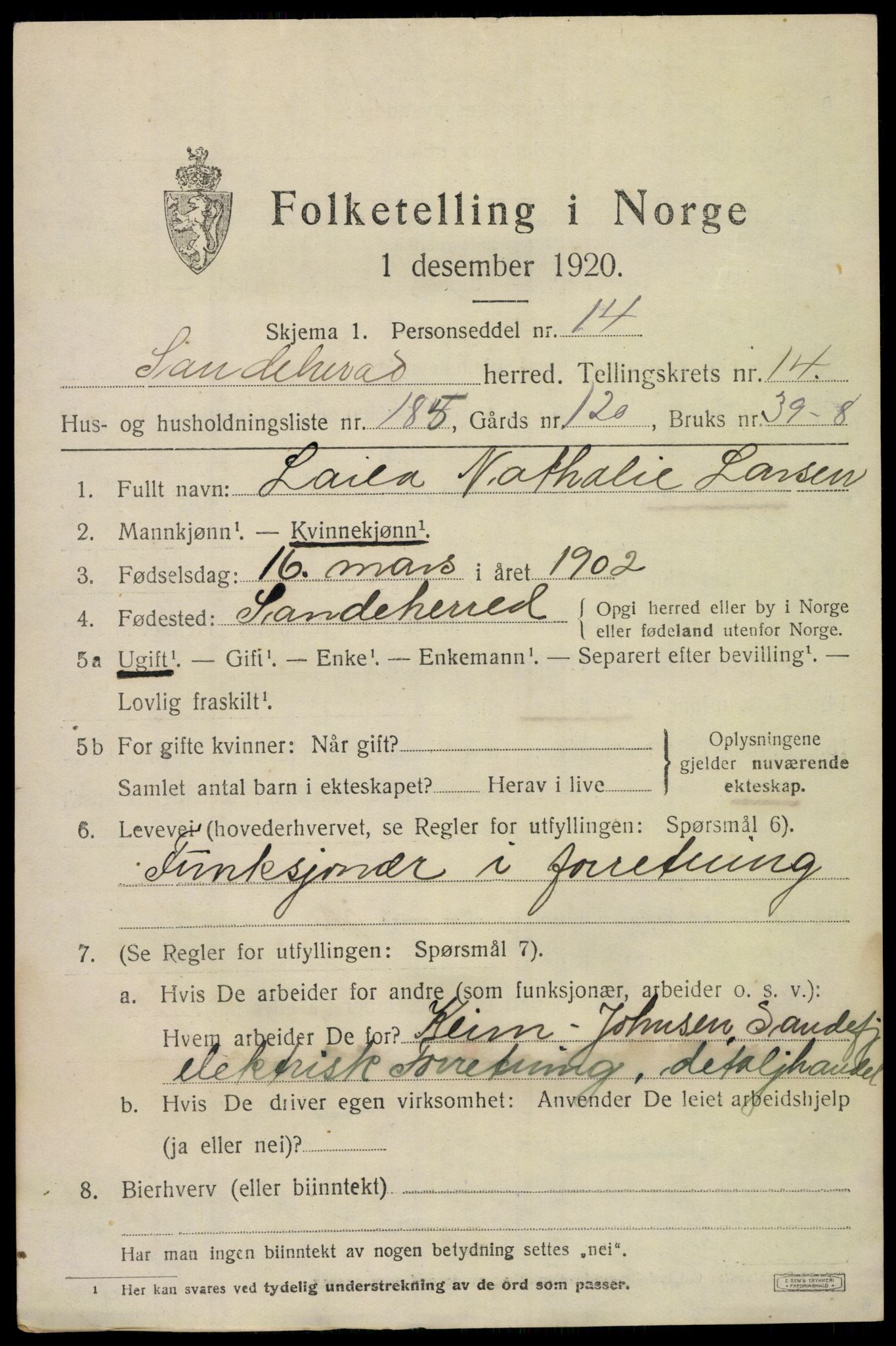 SAKO, 1920 census for Sandeherred, 1920, p. 22956