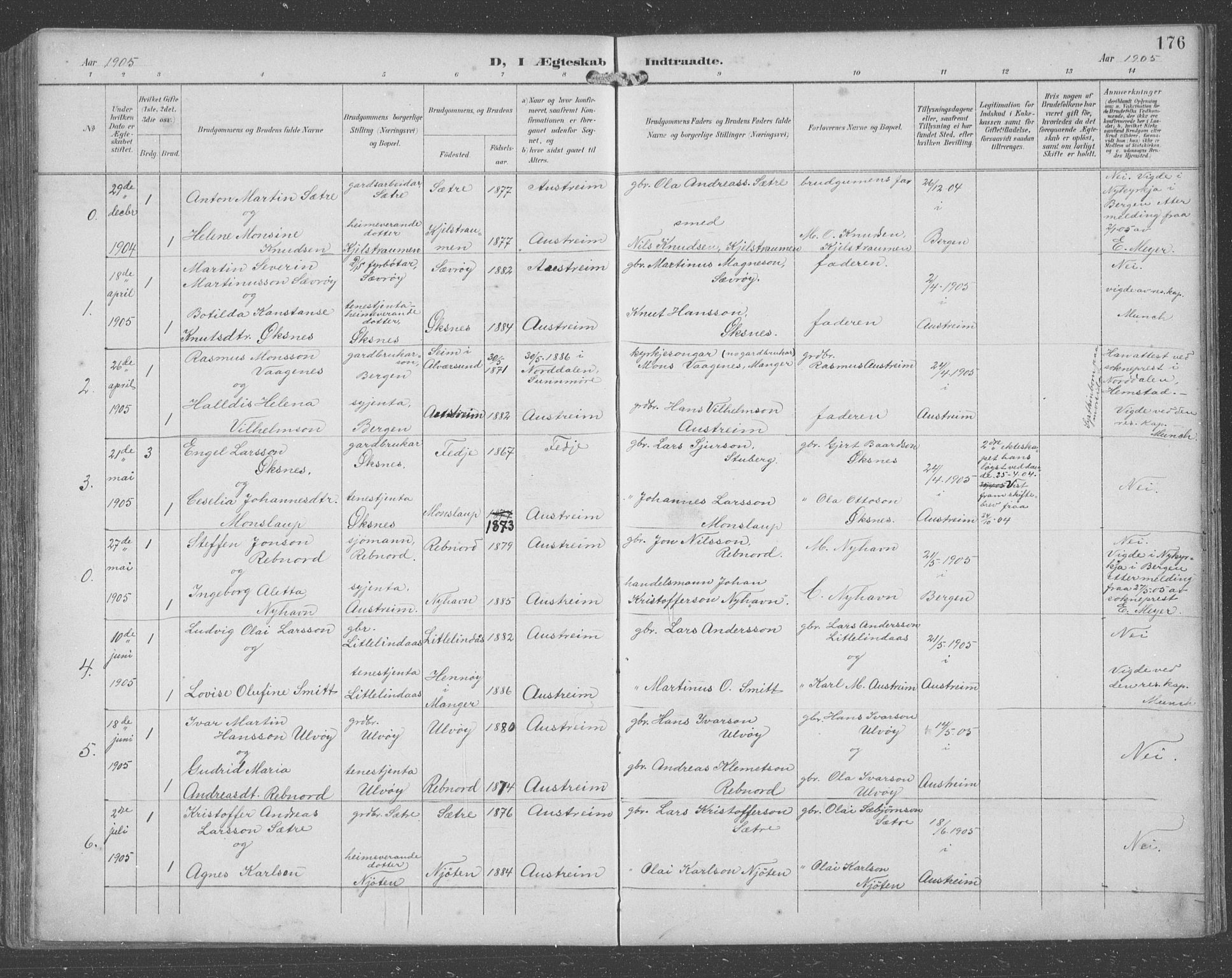 Lindås Sokneprestembete, SAB/A-76701/H/Hab: Parish register (copy) no. C 4, 1894-1910, p. 176