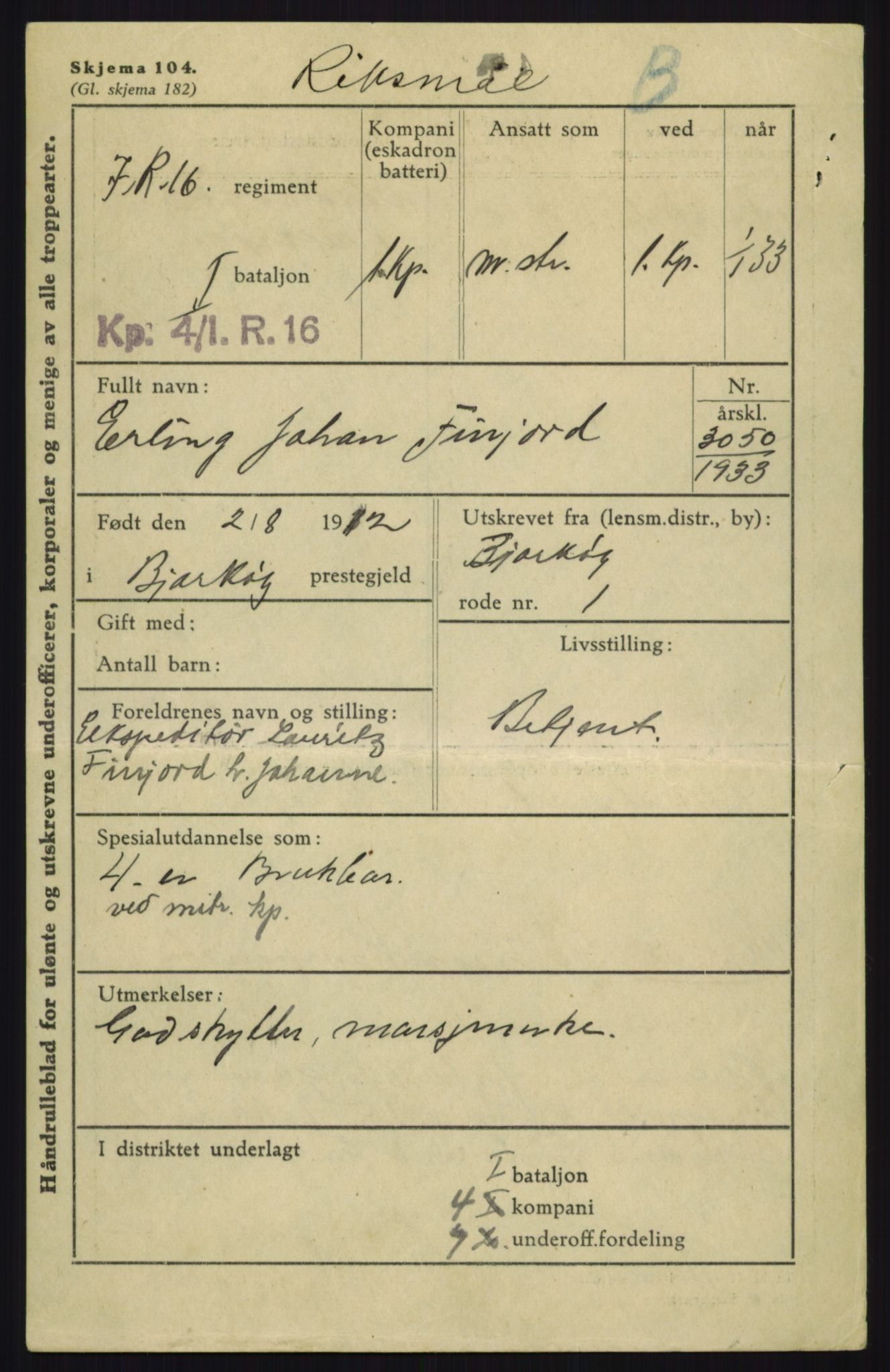 Forsvaret, Troms infanteriregiment nr. 16, AV/RA-RAFA-3146/P/Pa/L0017: Rulleblad for regimentets menige mannskaper, årsklasse 1933, 1933, p. 291