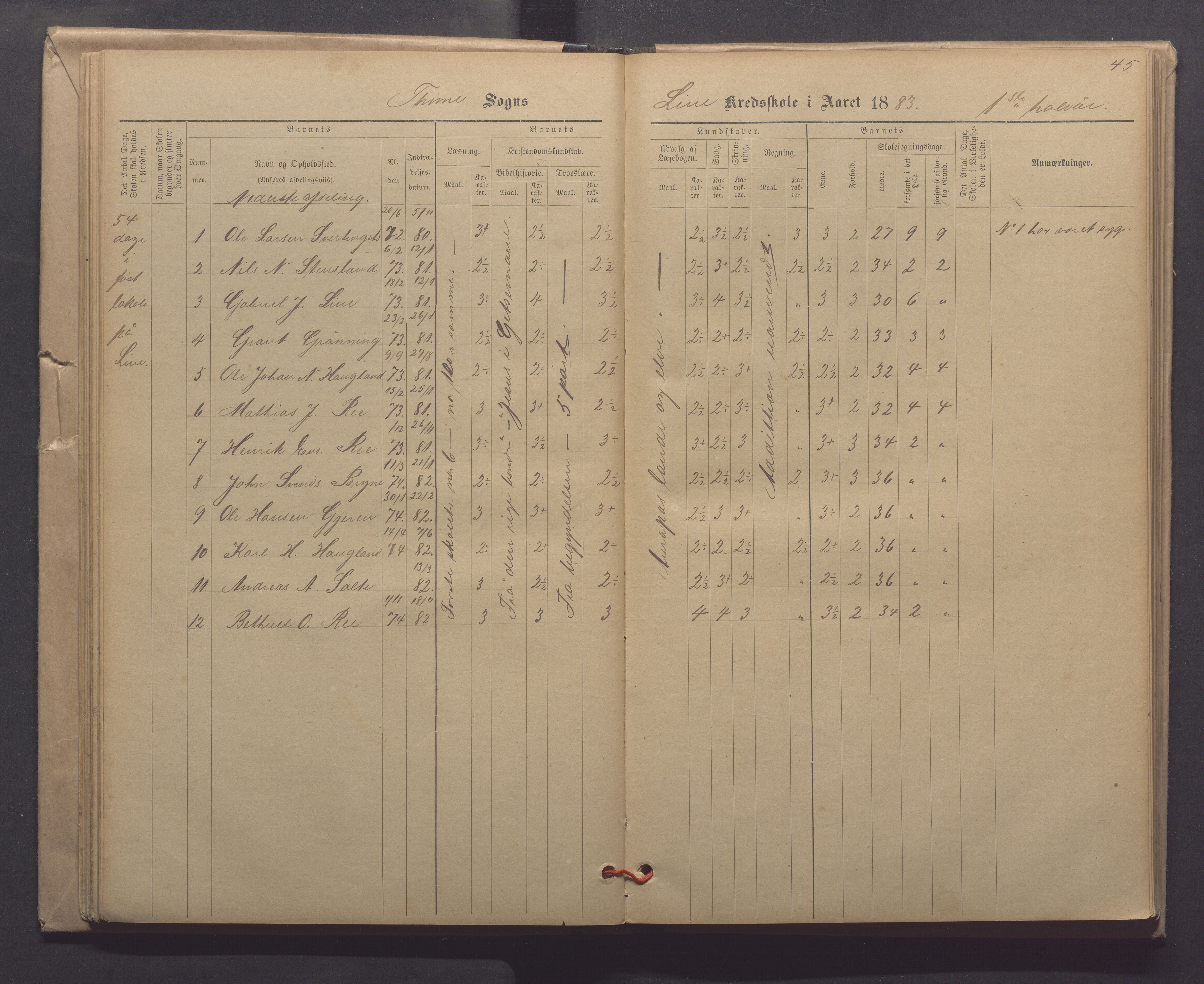 Time kommune - Line/Hognestad skole, IKAR/K-100802/H/L0003: Skoleprotokoll, 1879-1890, p. 45