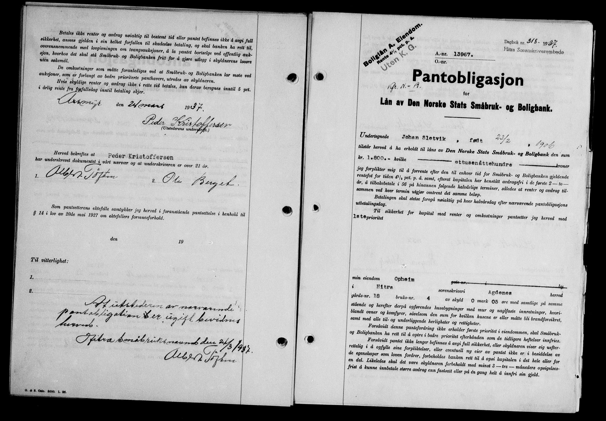 Hitra sorenskriveri, AV/SAT-A-0018/2/2C/2Ca/L0028: Mortgage book no. B-1, 1936-1939, Diary no: : 318/1937