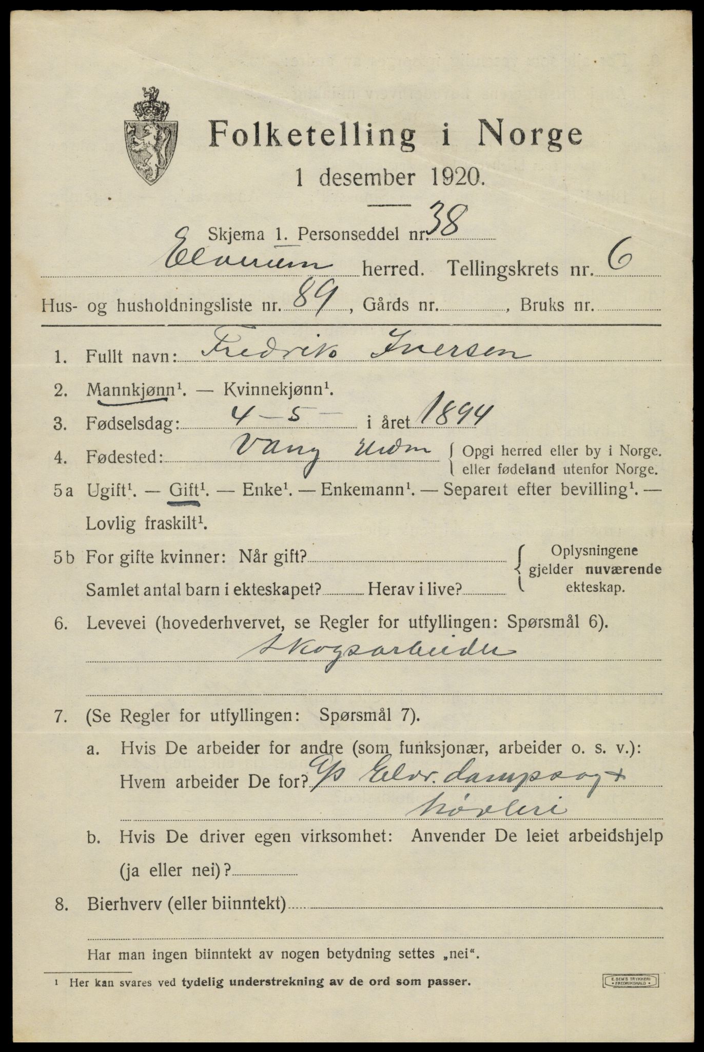 SAH, 1920 census for Elverum, 1920, p. 10934