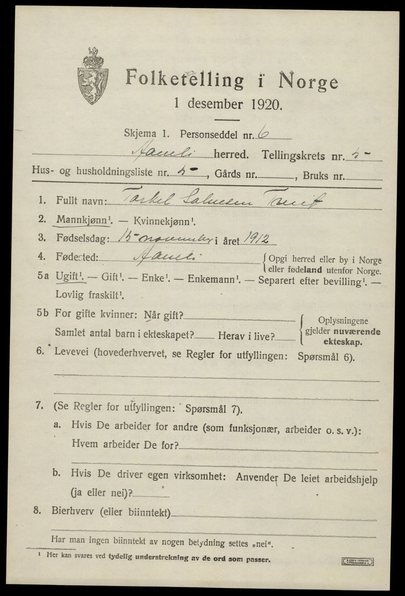 SAK, 1920 census for Åmli, 1920, p. 2335