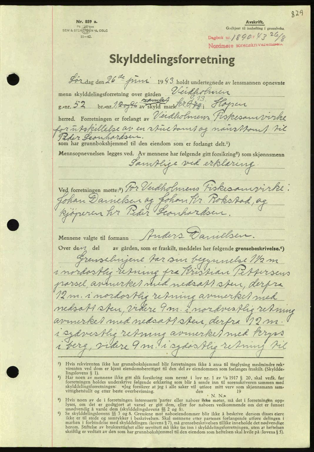 Nordmøre sorenskriveri, AV/SAT-A-4132/1/2/2Ca: Mortgage book no. A95, 1943-1943, Diary no: : 1890/1943