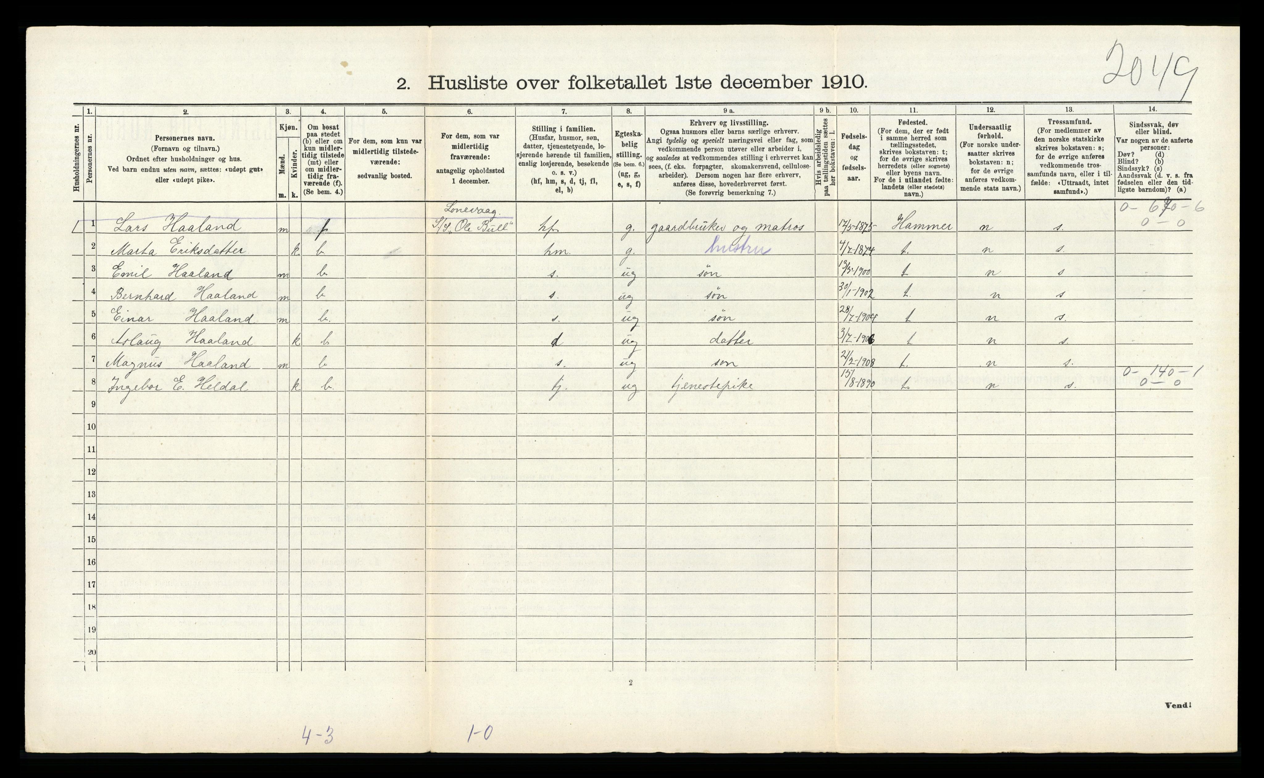 RA, 1910 census for Hosanger, 1910, p. 169