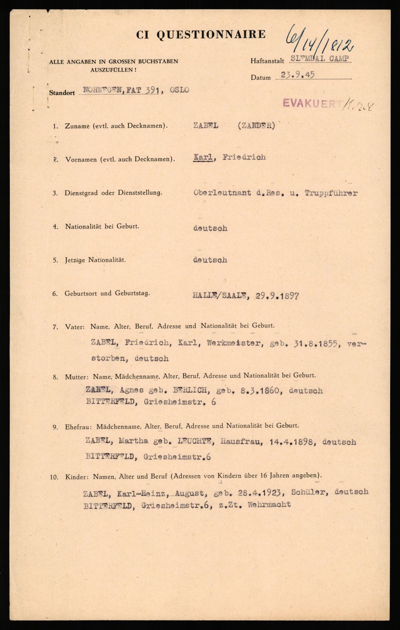 Forsvaret, Forsvarets overkommando II, AV/RA-RAFA-3915/D/Db/L0037: CI Questionaires. Tyske okkupasjonsstyrker i Norge. Tyskere., 1945-1946, p. 2