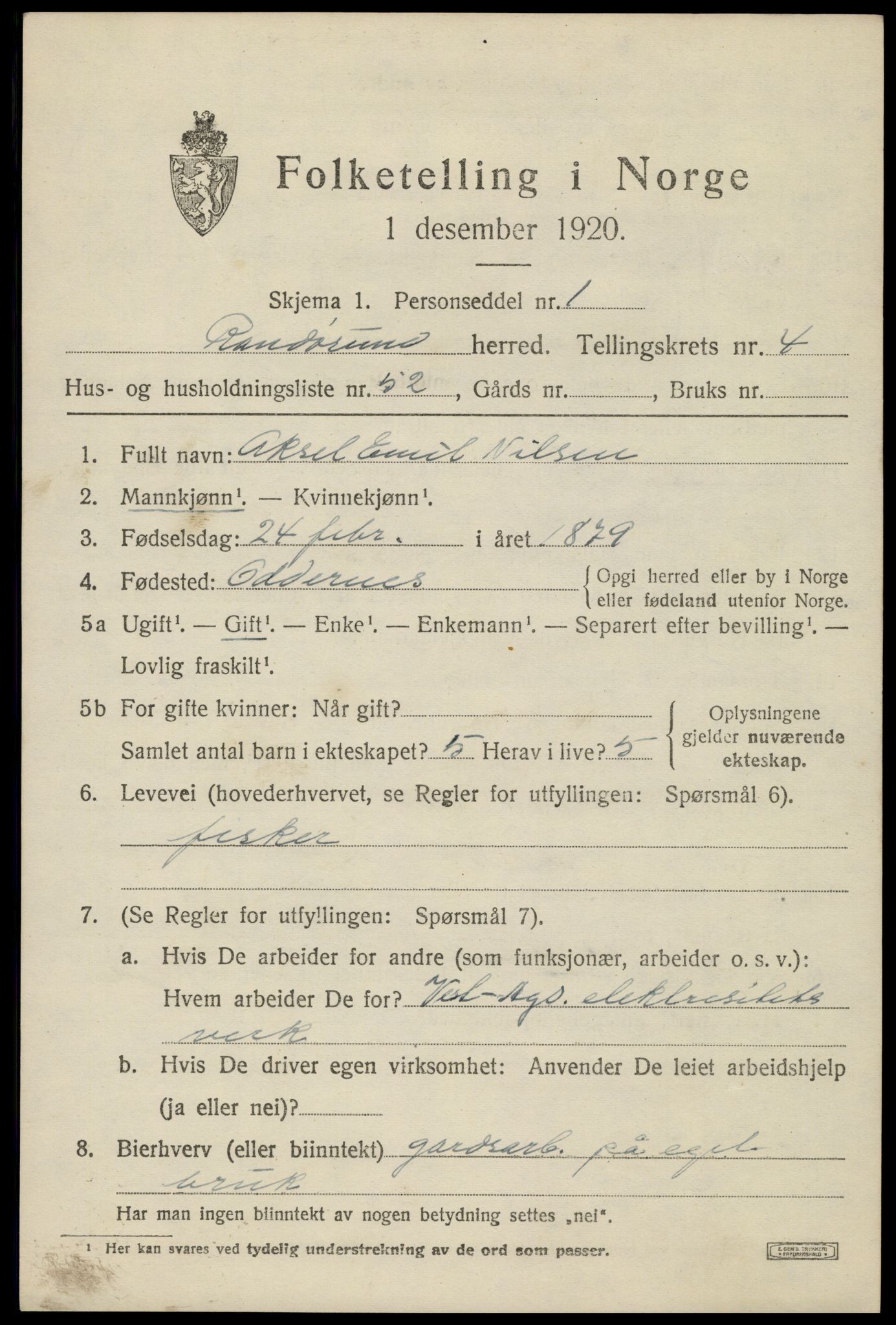 SAK, 1920 census for Randesund, 1920, p. 2300