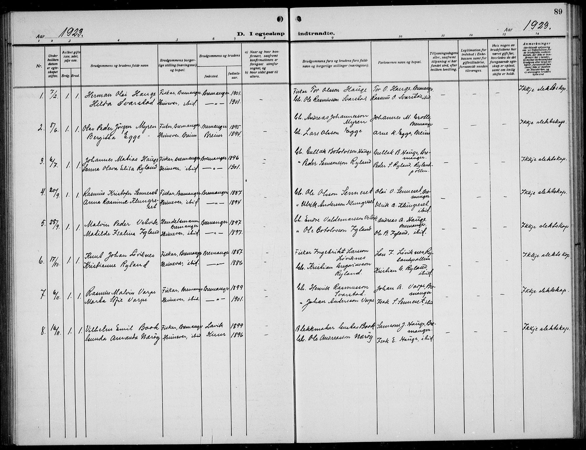 Bremanger sokneprestembete, AV/SAB-A-82201/H/Hab/Habc/L0002: Parish register (copy) no. C  2, 1920-1936, p. 89