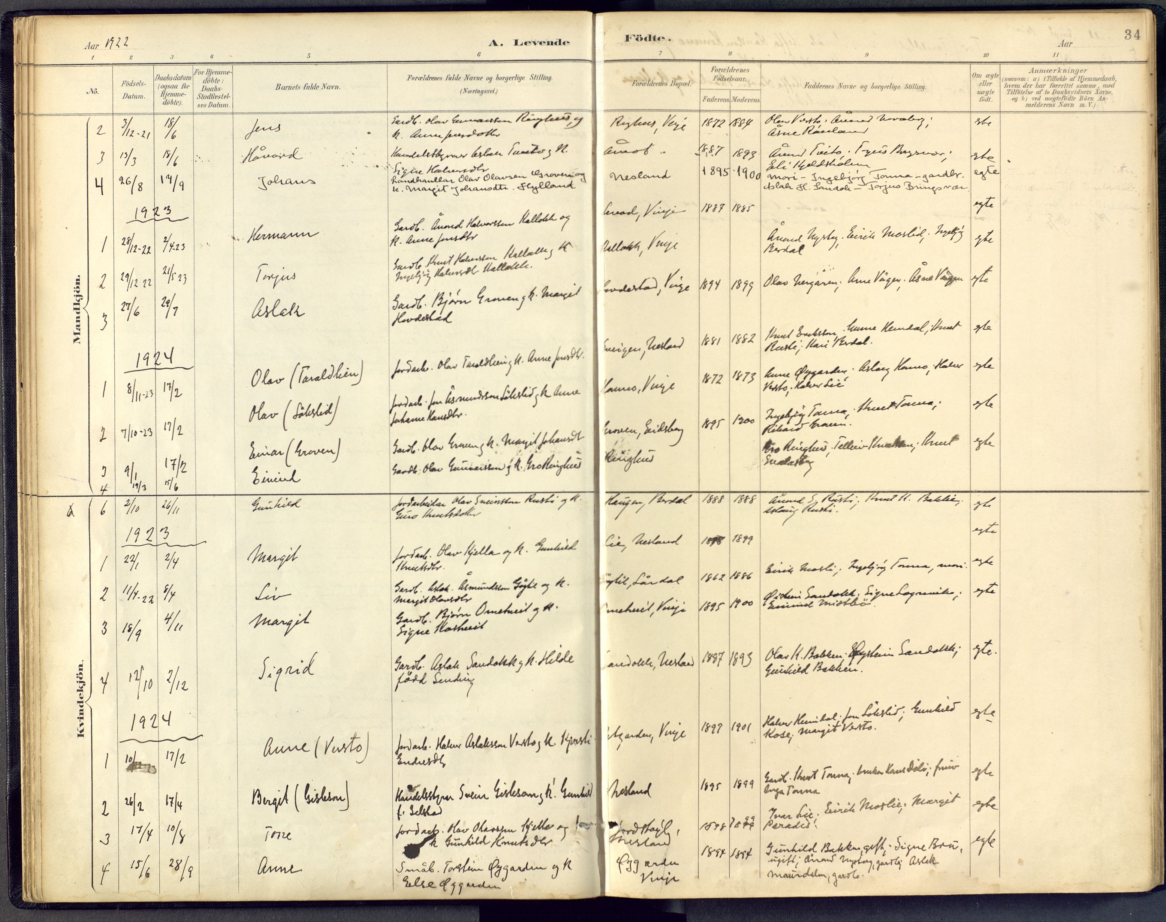 Vinje kirkebøker, AV/SAKO-A-312/F/Fb/L0002: Parish register (official) no. II 2, 1887-1925, p. 34