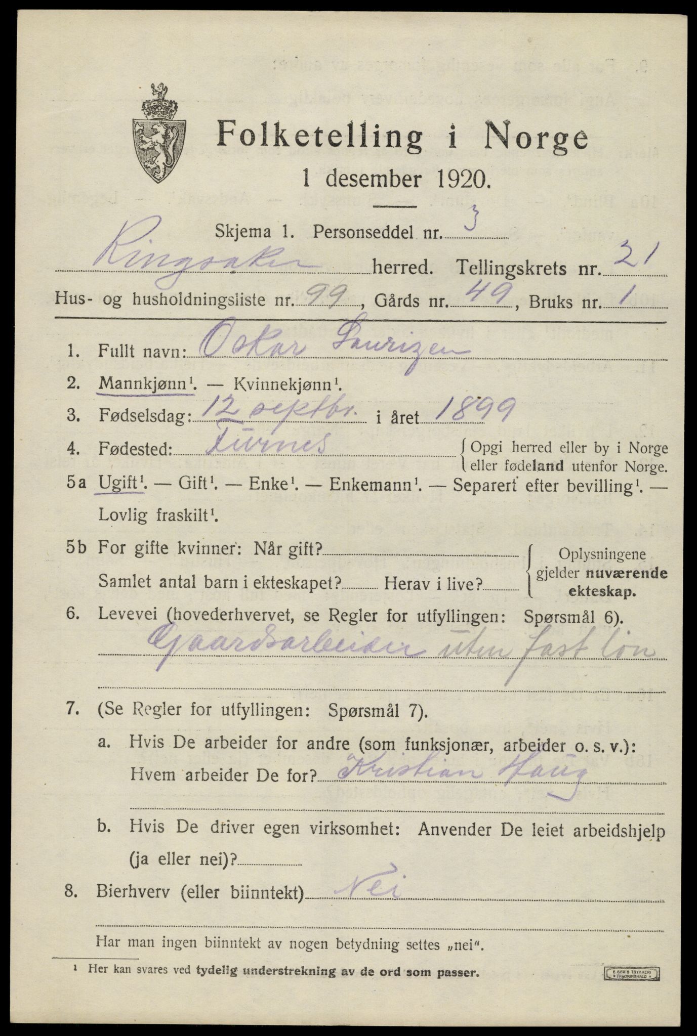 SAH, 1920 census for Ringsaker, 1920, p. 29614