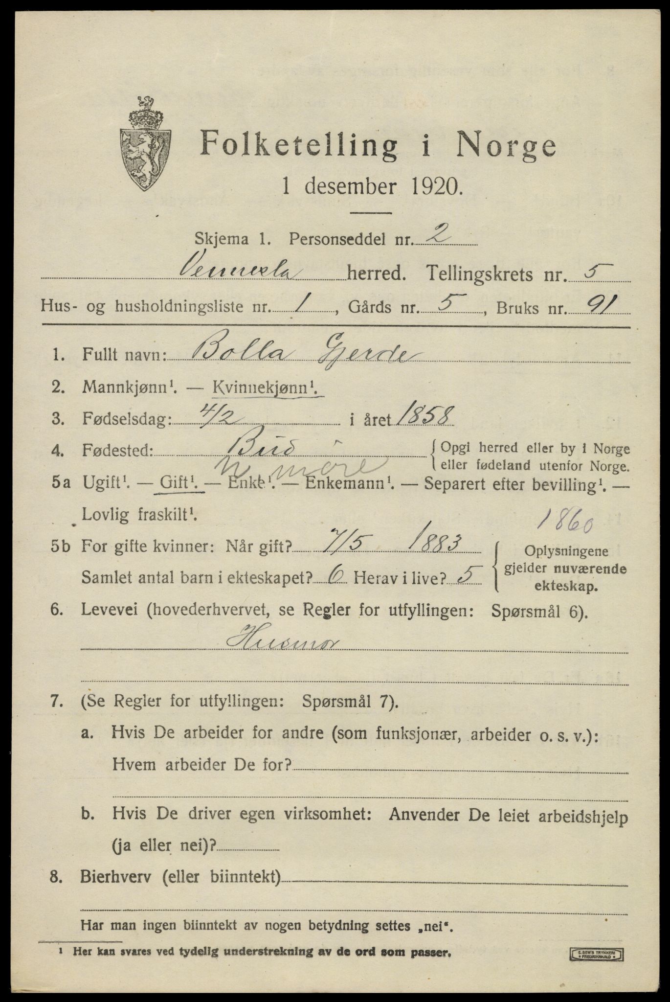 SAK, 1920 census for Vennesla, 1920, p. 3238