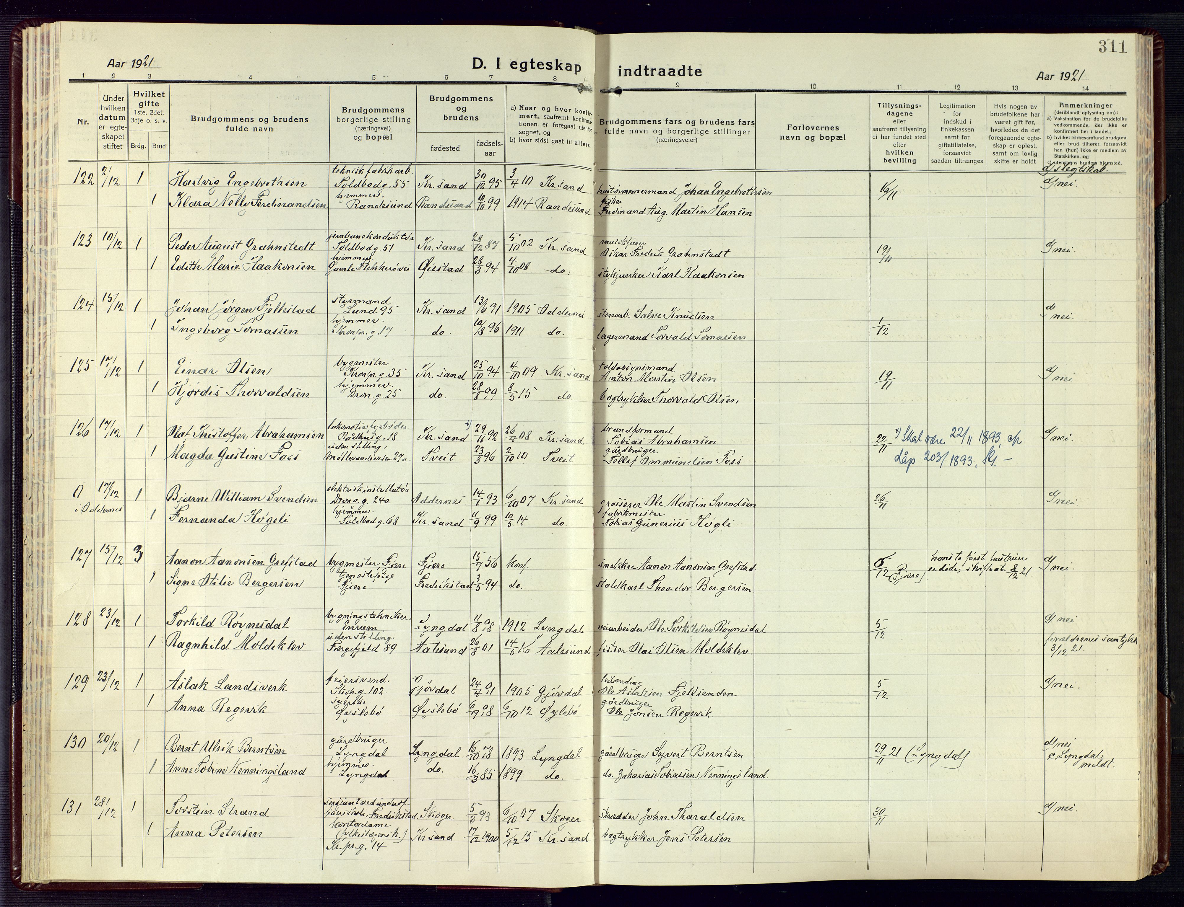 Kristiansand domprosti, AV/SAK-1112-0006/F/Fa/L0028: Parish register (official) no. A 27, 1917-1926, p. 311