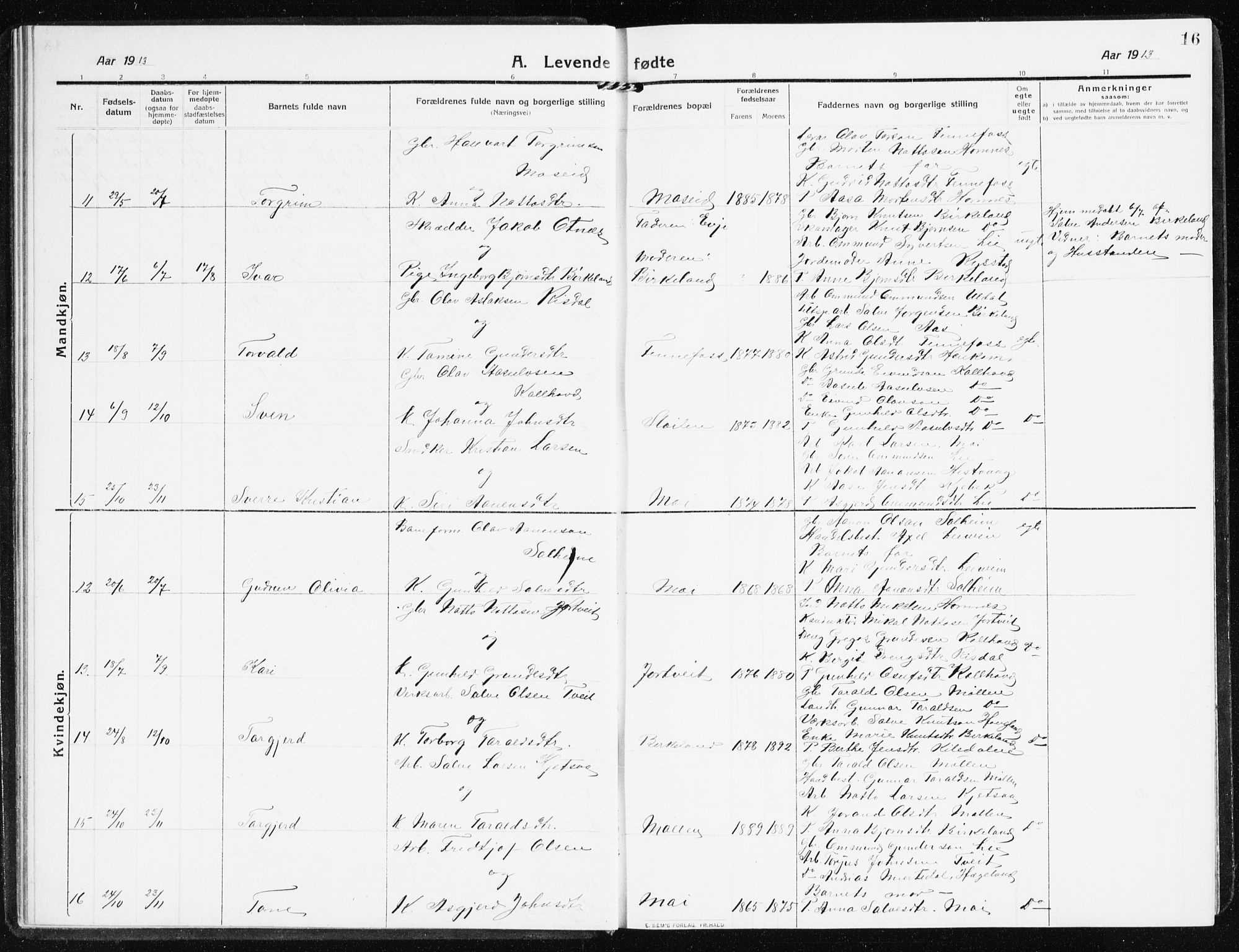 Evje sokneprestkontor, SAK/1111-0008/F/Fb/Fbb/L0003: Parish register (copy) no. B 3, 1910-1933, p. 16