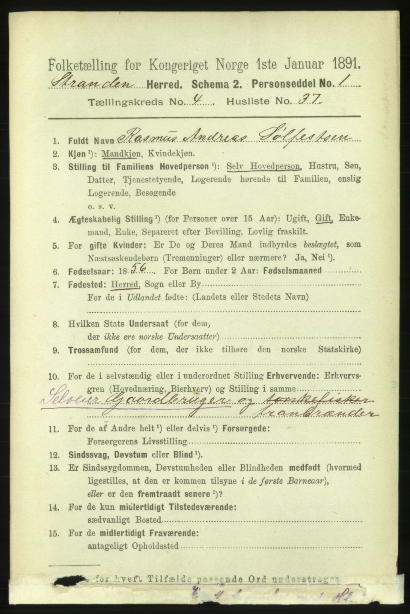 RA, 1891 census for 1525 Stranda, 1891, p. 809