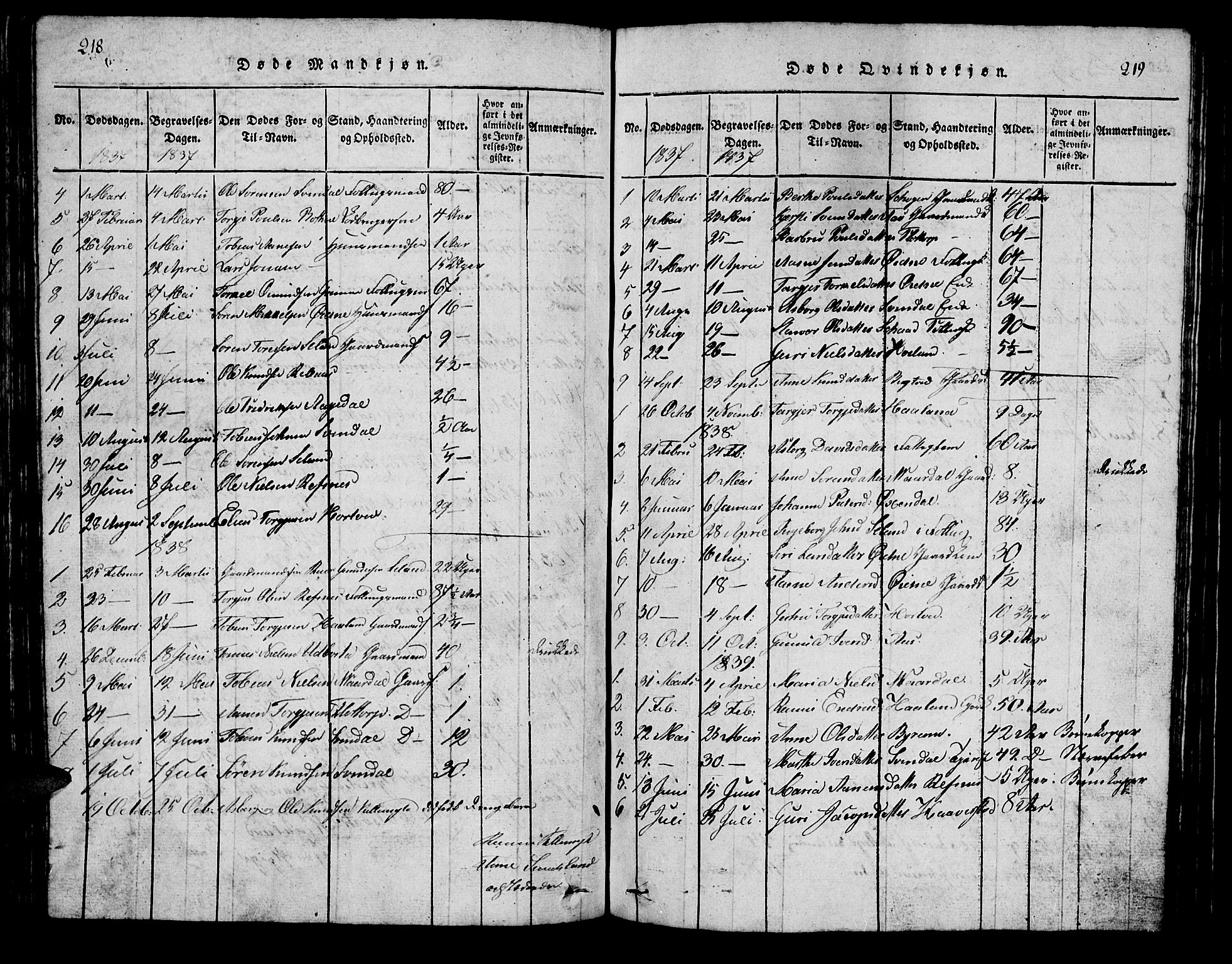 Bjelland sokneprestkontor, SAK/1111-0005/F/Fb/Fbc/L0001: Parish register (copy) no. B 1, 1815-1870, p. 218-219