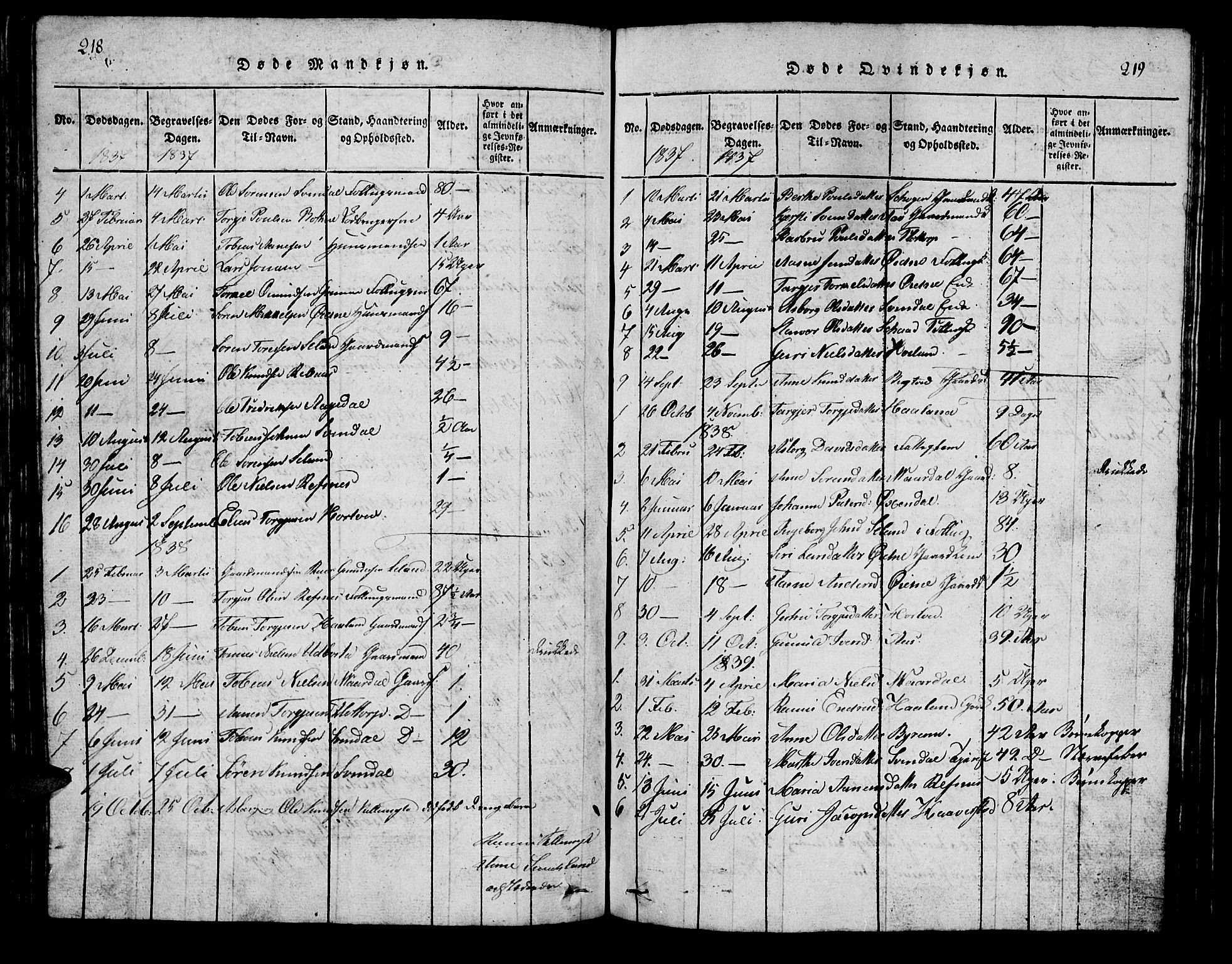 Bjelland sokneprestkontor, AV/SAK-1111-0005/F/Fb/Fbc/L0001: Parish register (copy) no. B 1, 1815-1870, p. 218-219