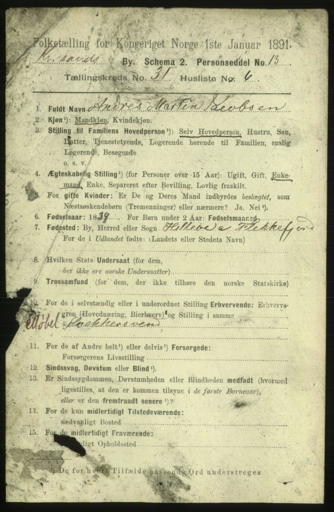 RA, 1891 census for 1001 Kristiansand, 1891, p. 9780