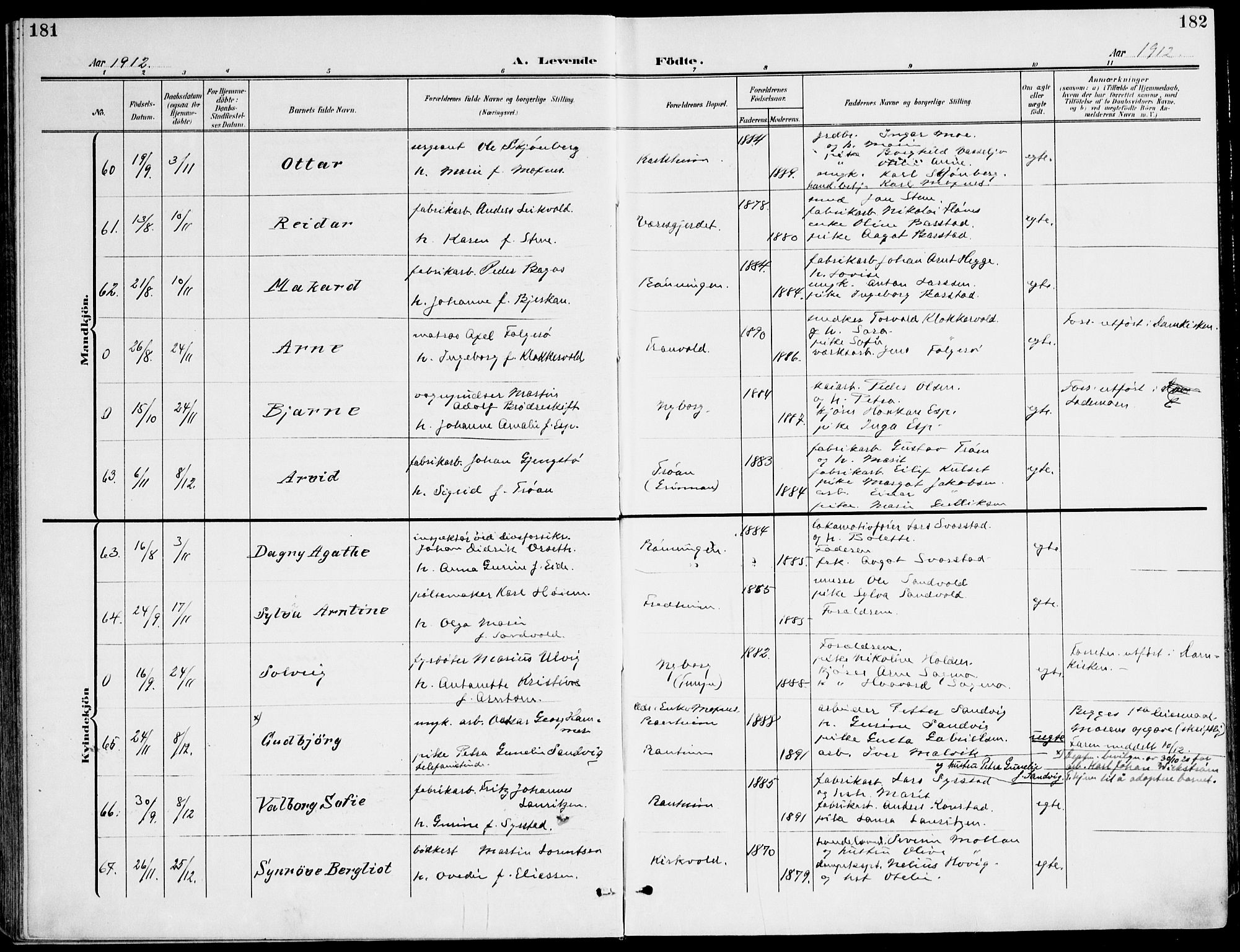 Ministerialprotokoller, klokkerbøker og fødselsregistre - Sør-Trøndelag, AV/SAT-A-1456/607/L0320: Parish register (official) no. 607A04, 1907-1915, p. 181-182