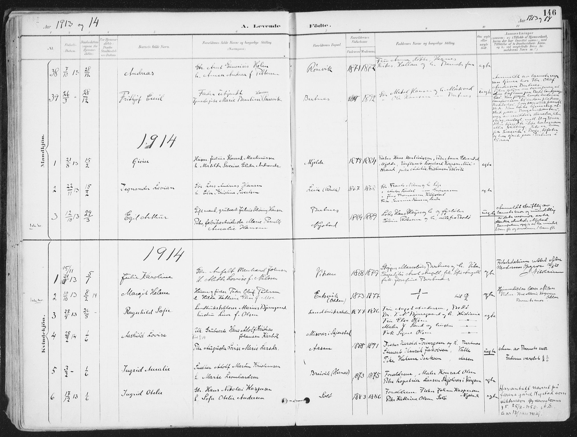 Ministerialprotokoller, klokkerbøker og fødselsregistre - Nordland, AV/SAT-A-1459/802/L0055: Parish register (official) no. 802A02, 1894-1915, p. 146