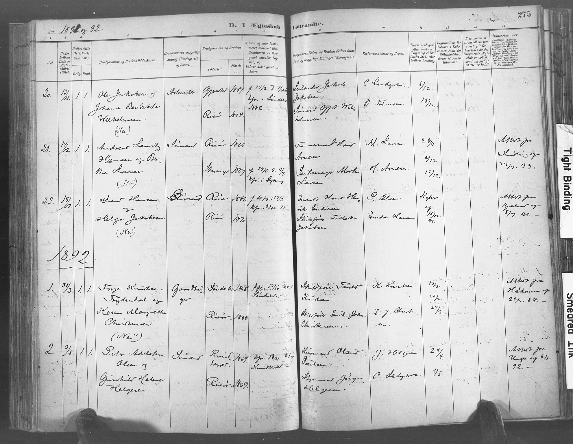 Risør sokneprestkontor, SAK/1111-0035/F/Fa/L0005: Parish register (official) no. A 5, 1883-1895, p. 275
